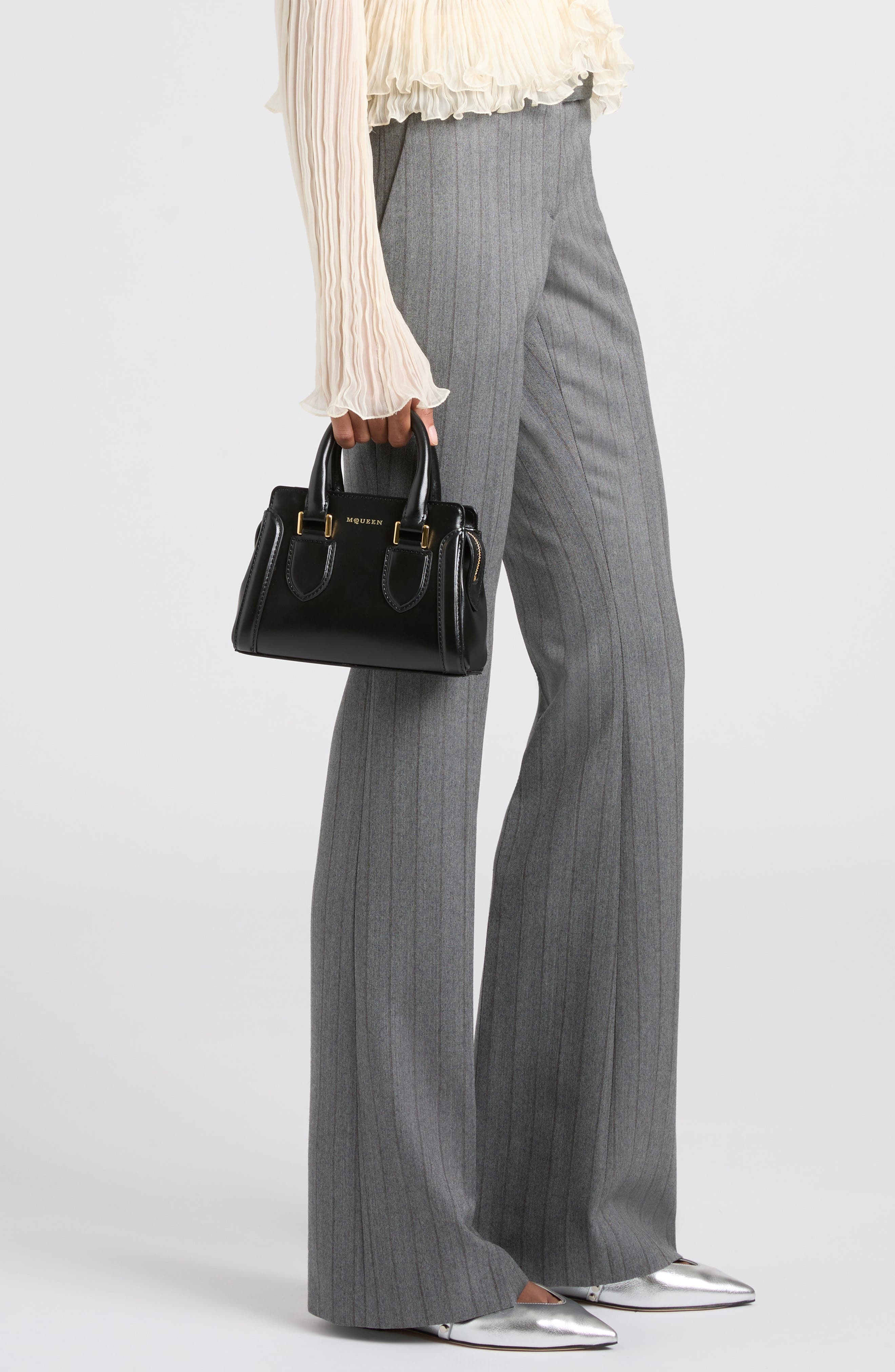 McQueen Mini Birdee Leather Top Handle Bag in Black/Gold at Nordstrom - 3