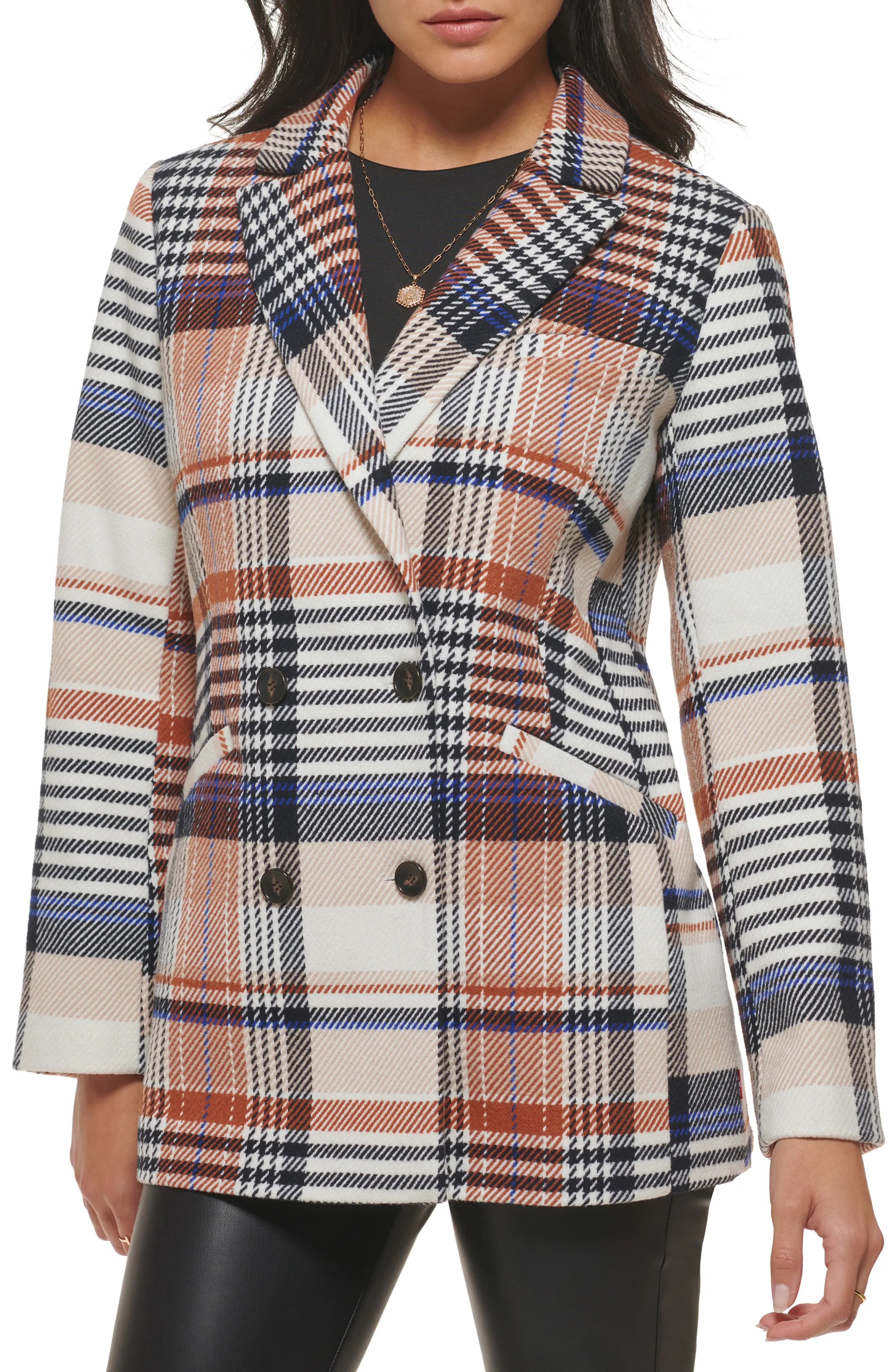 Double Breasted Wool Blend Blazer in Cream/Rust/Navy Plaid - 1