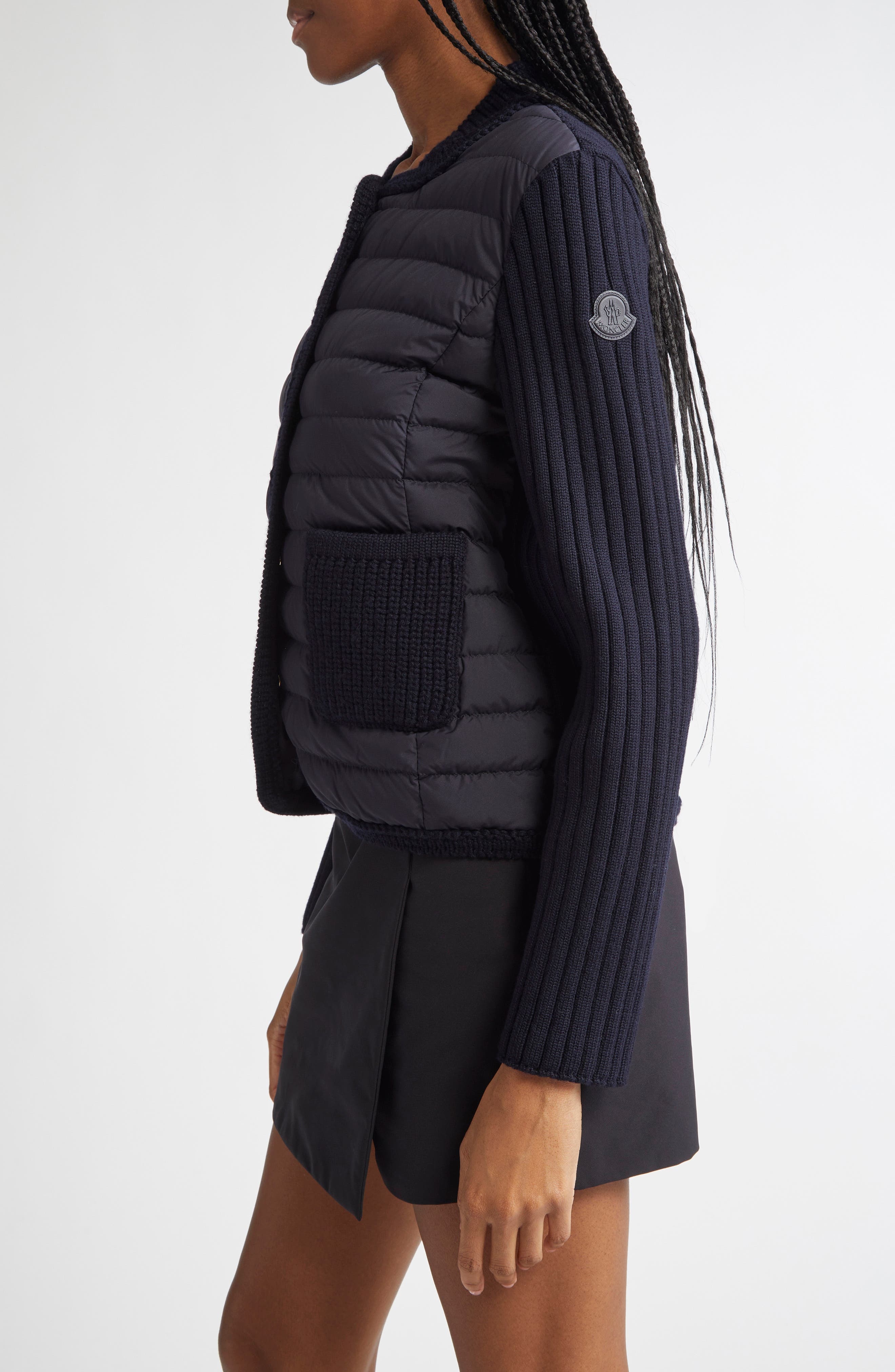 Moncler Quilted Down & Virgin Wool Knit Cardigan in Navy Blue at Nordstrom - 3