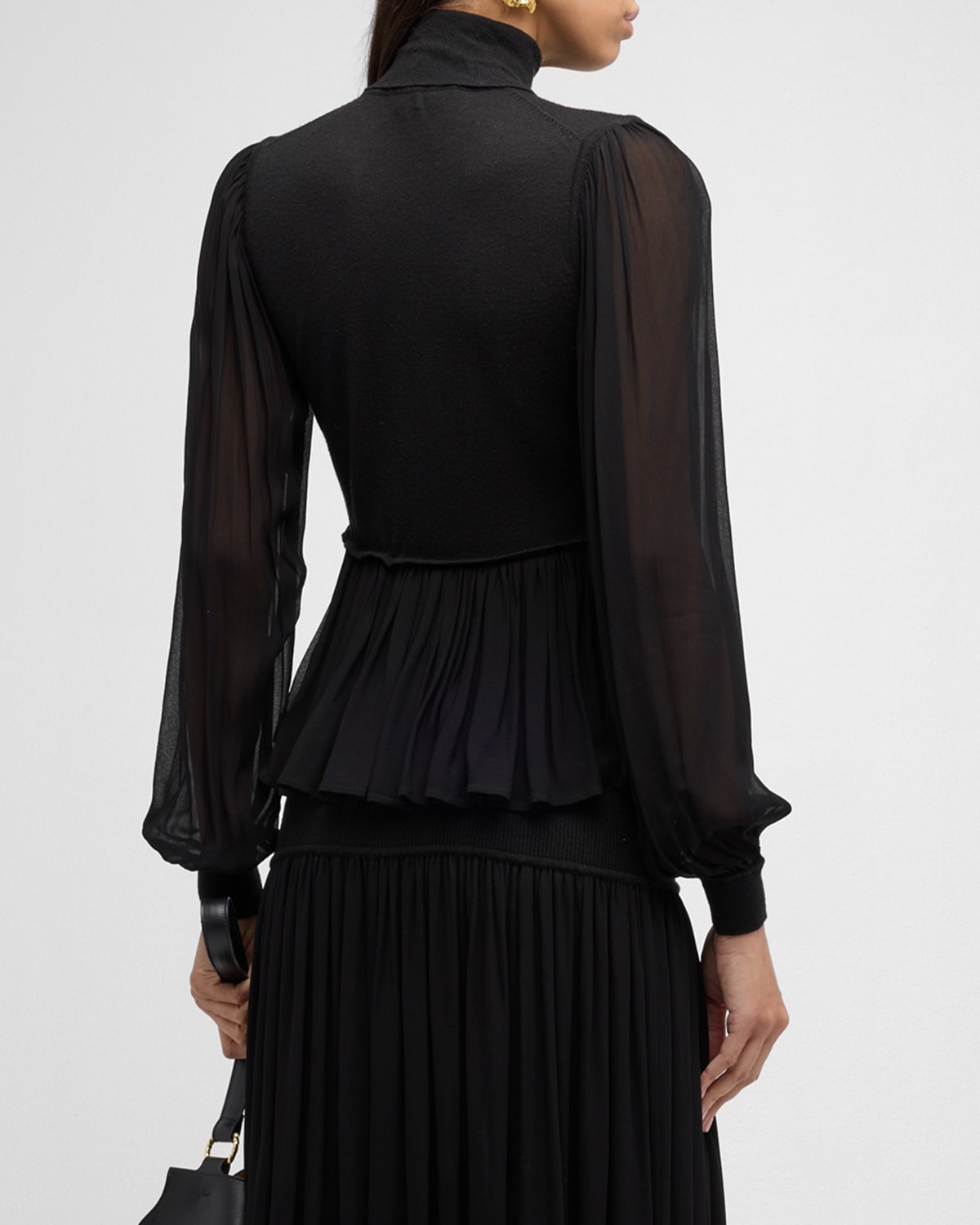 Liana Sheer-Sleeve Wool and Silk Combo Turtleneck Top - 6