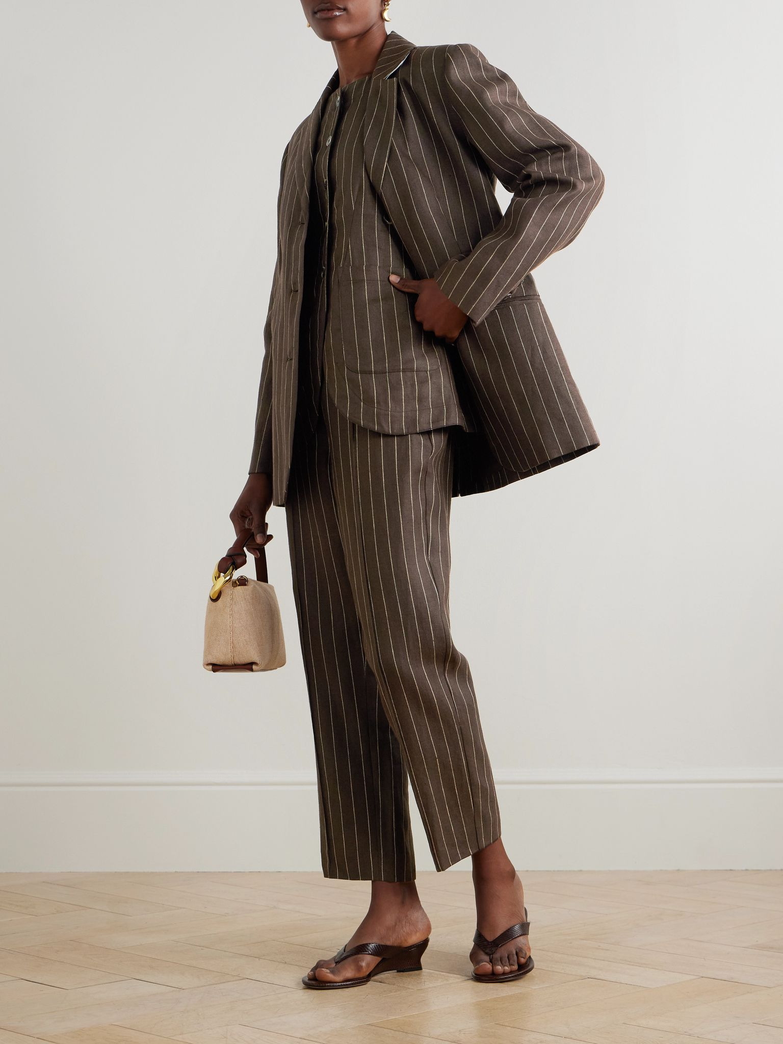 Thea pleated pinstriped linen-twill straight-leg pants Dark brown - 2