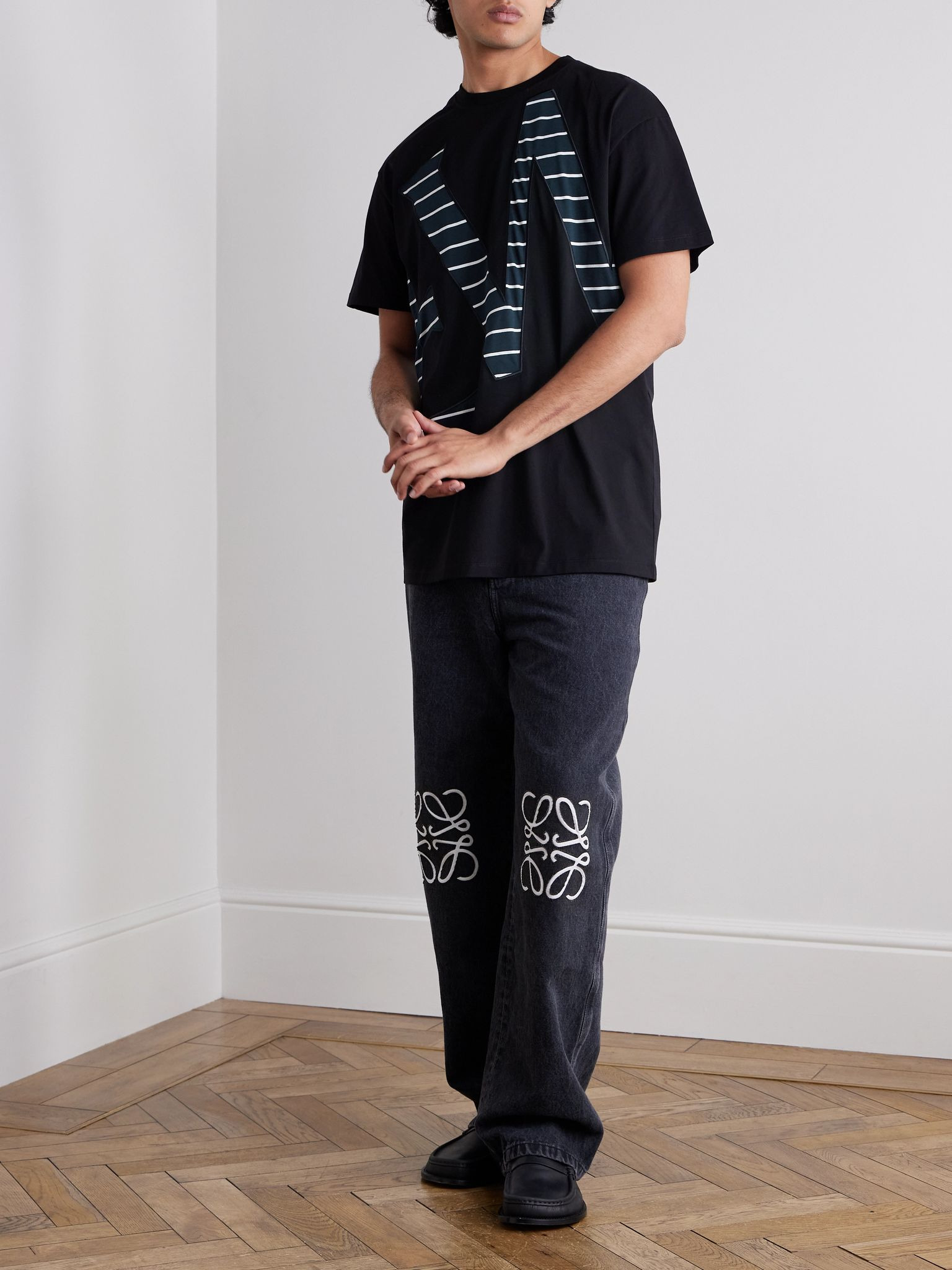 Logo-Appliquéd Striped Cotton-Jersey T-Shirt Black - 2