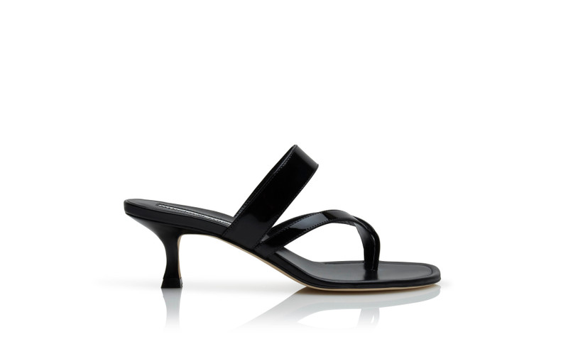 Black Patent Leather Open Toe Mules - 1