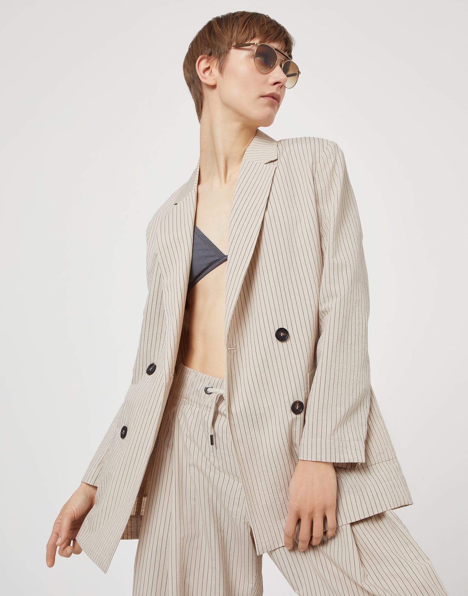 Striped techno cotton wrinkled poplin blazer with monili - 4