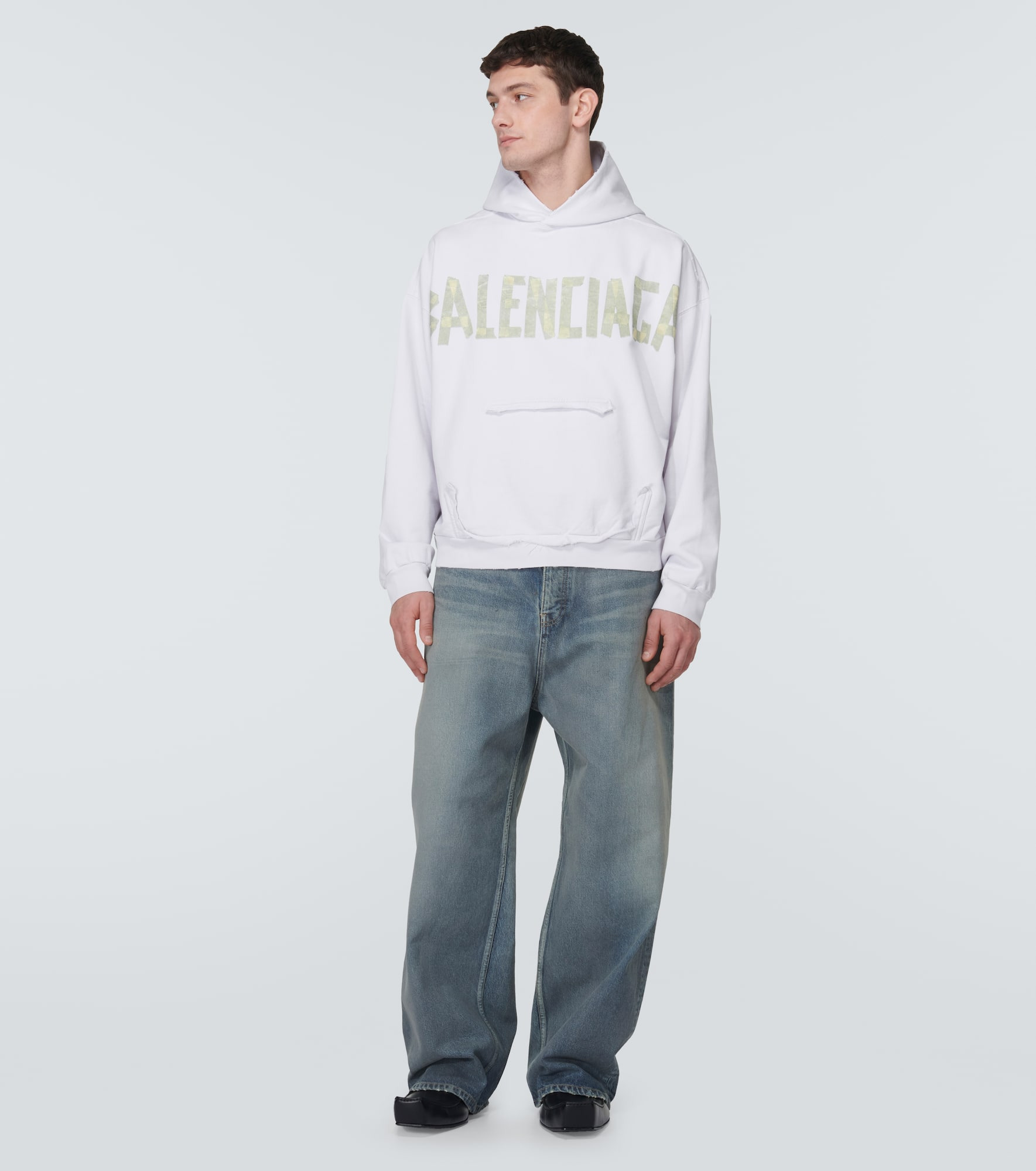 Tape Type Ripped cotton fleece hoodie - 2