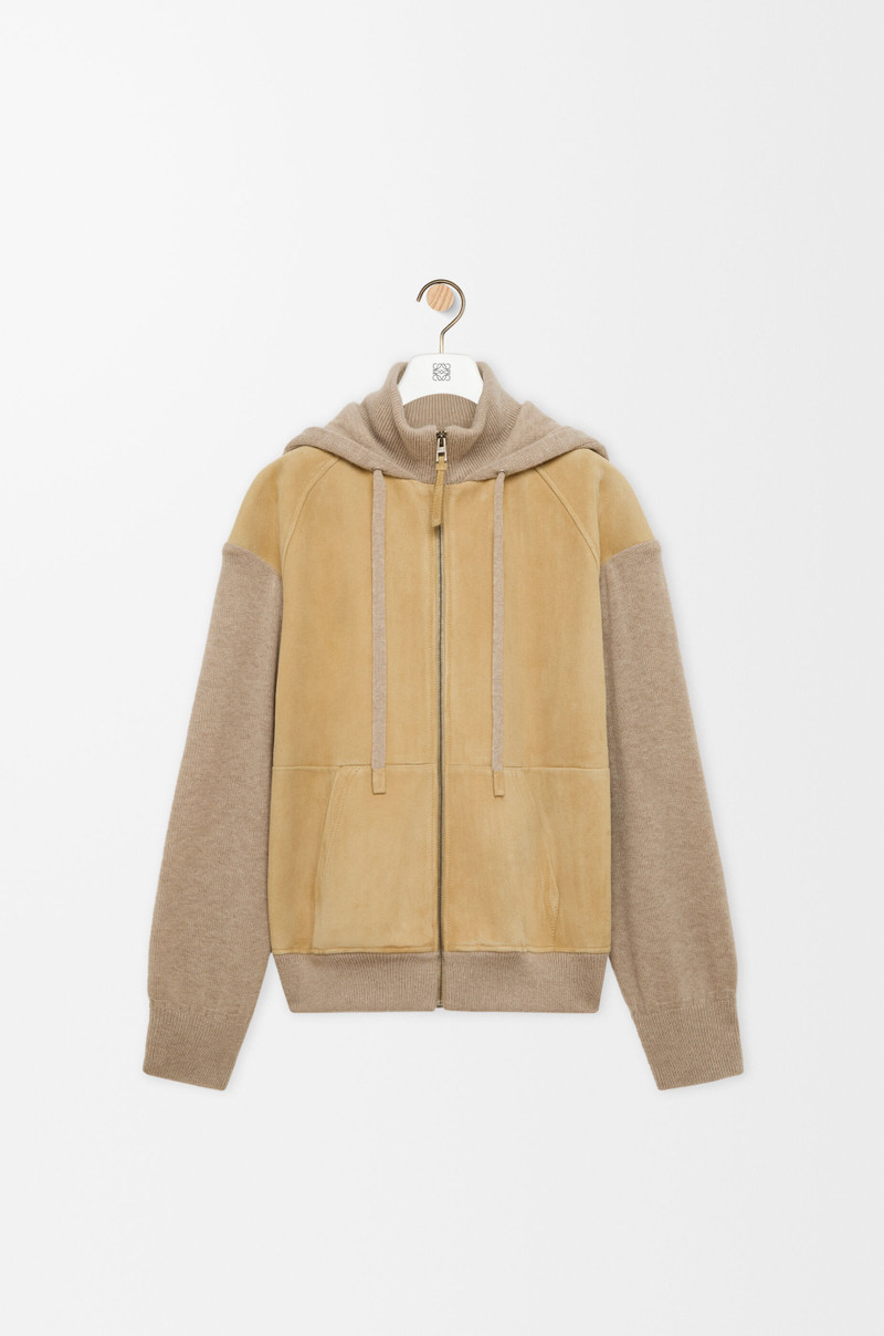 Hybrid zip-up hoodie in suede and wool blend 1