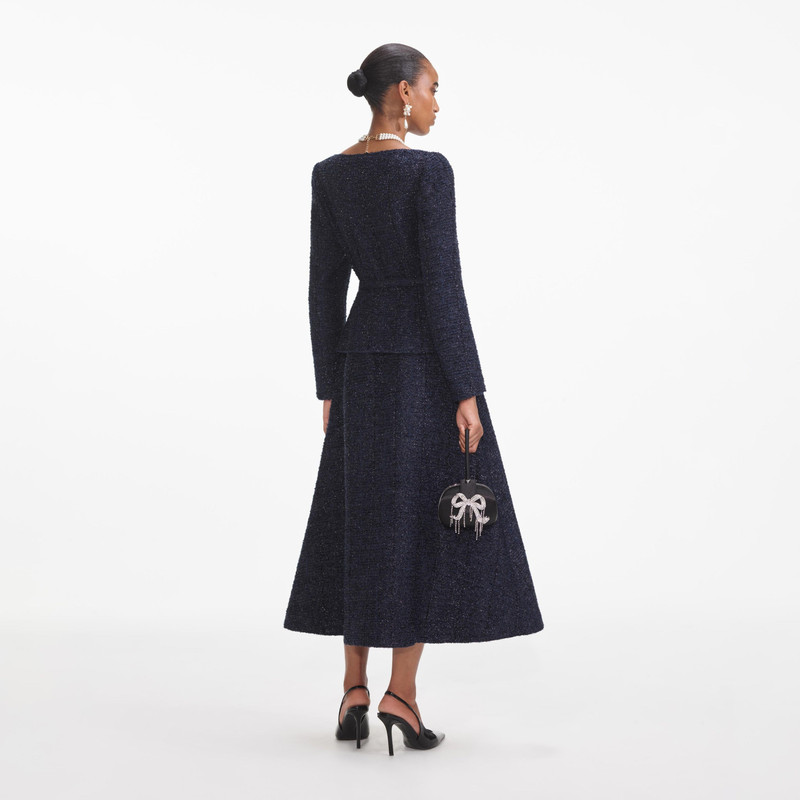 knee length dresses for ladies Self-Portrait Metallic Boucle Bodice and Satin Maxi Dress Navy main image 1
