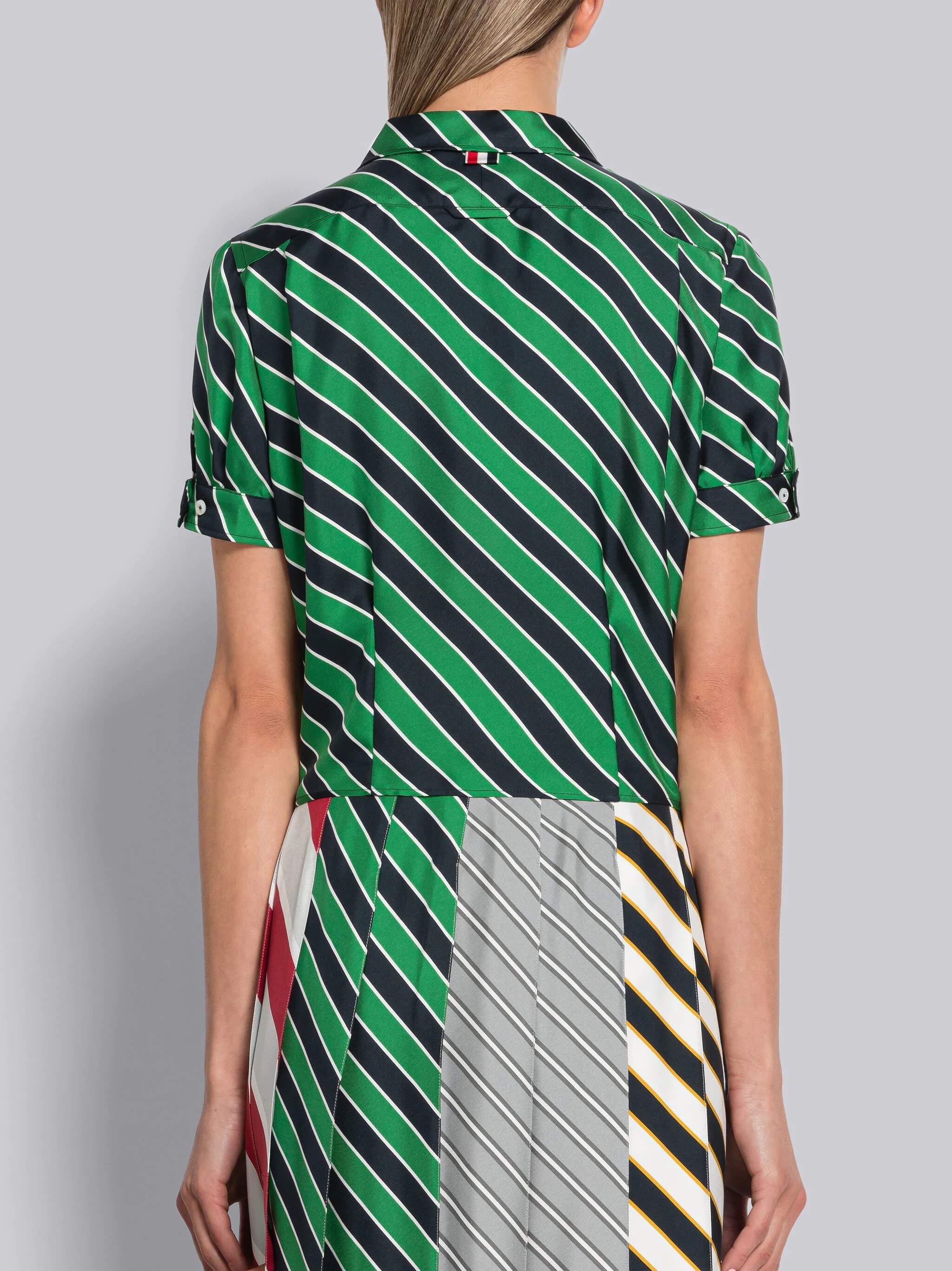 Awning Stripe Silk Short Sleeve Tucked Blouse - 3