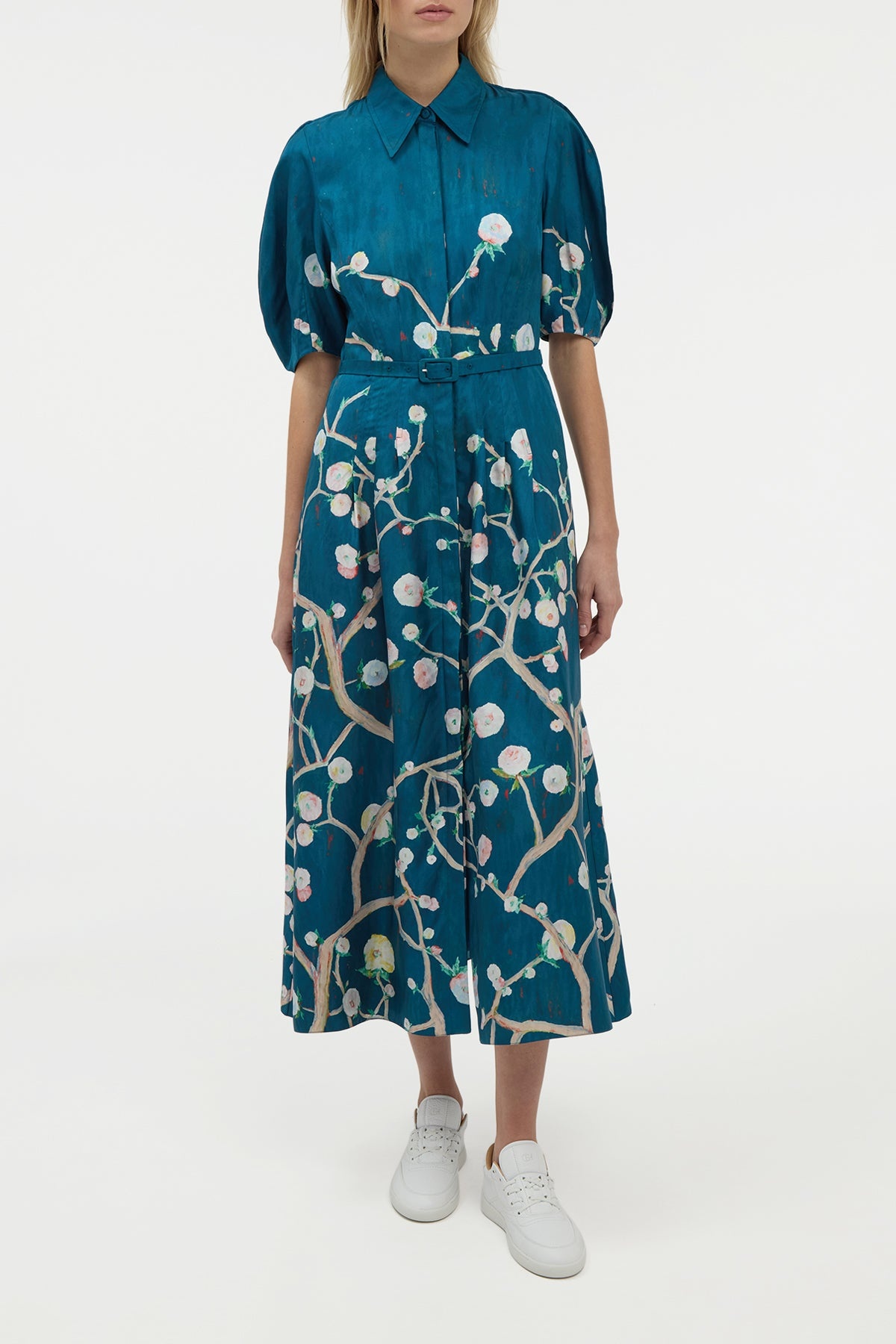 Maude Pleated Midi Shirtdress in Blue Multi Printed Silk Twill - 3