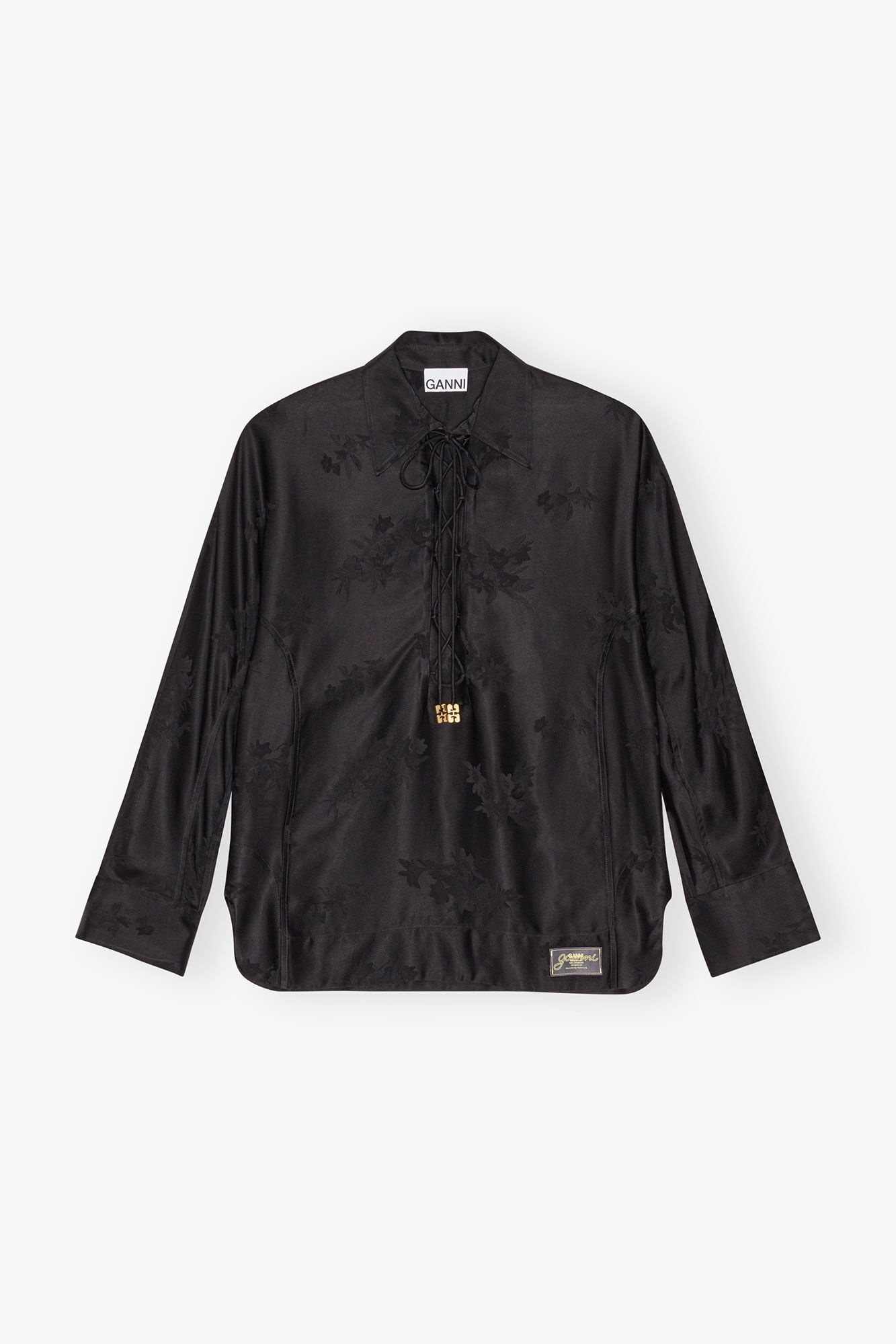 BLACK SATIN JACQUARD TIE STRING SHIRT - 1