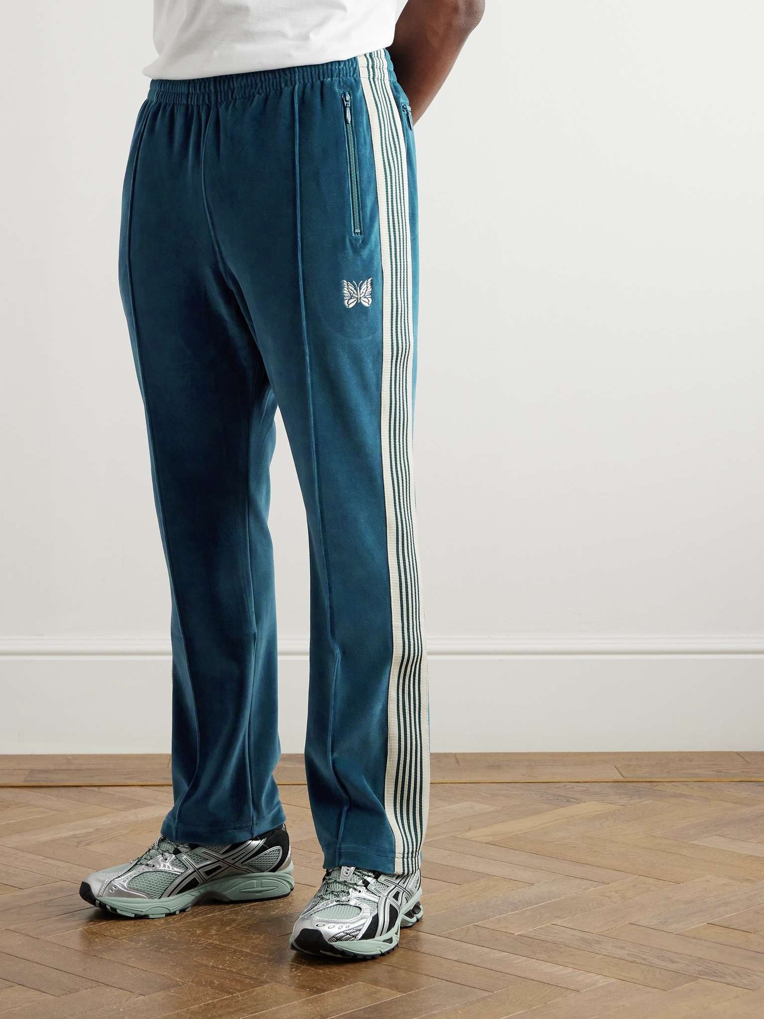 Straight-Leg Webbing-Trimmed Logo-Embroidered Cotton-Blend Velour Track Pants - 4