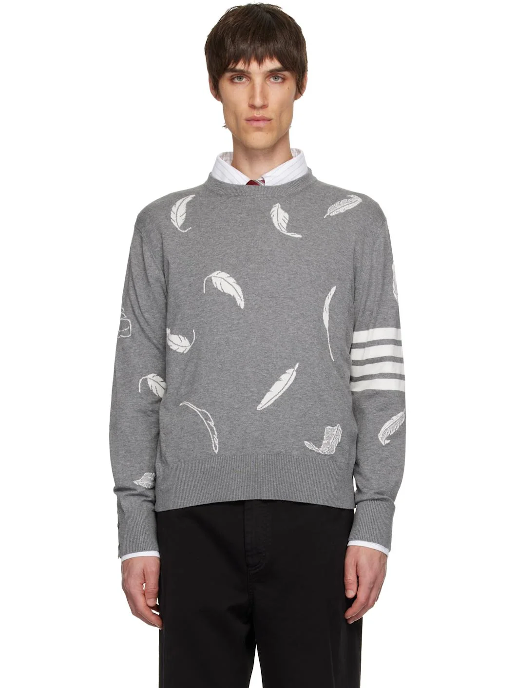 Gray Feather Intarsia Relaxed Fit Crew Neck Sweater - 1