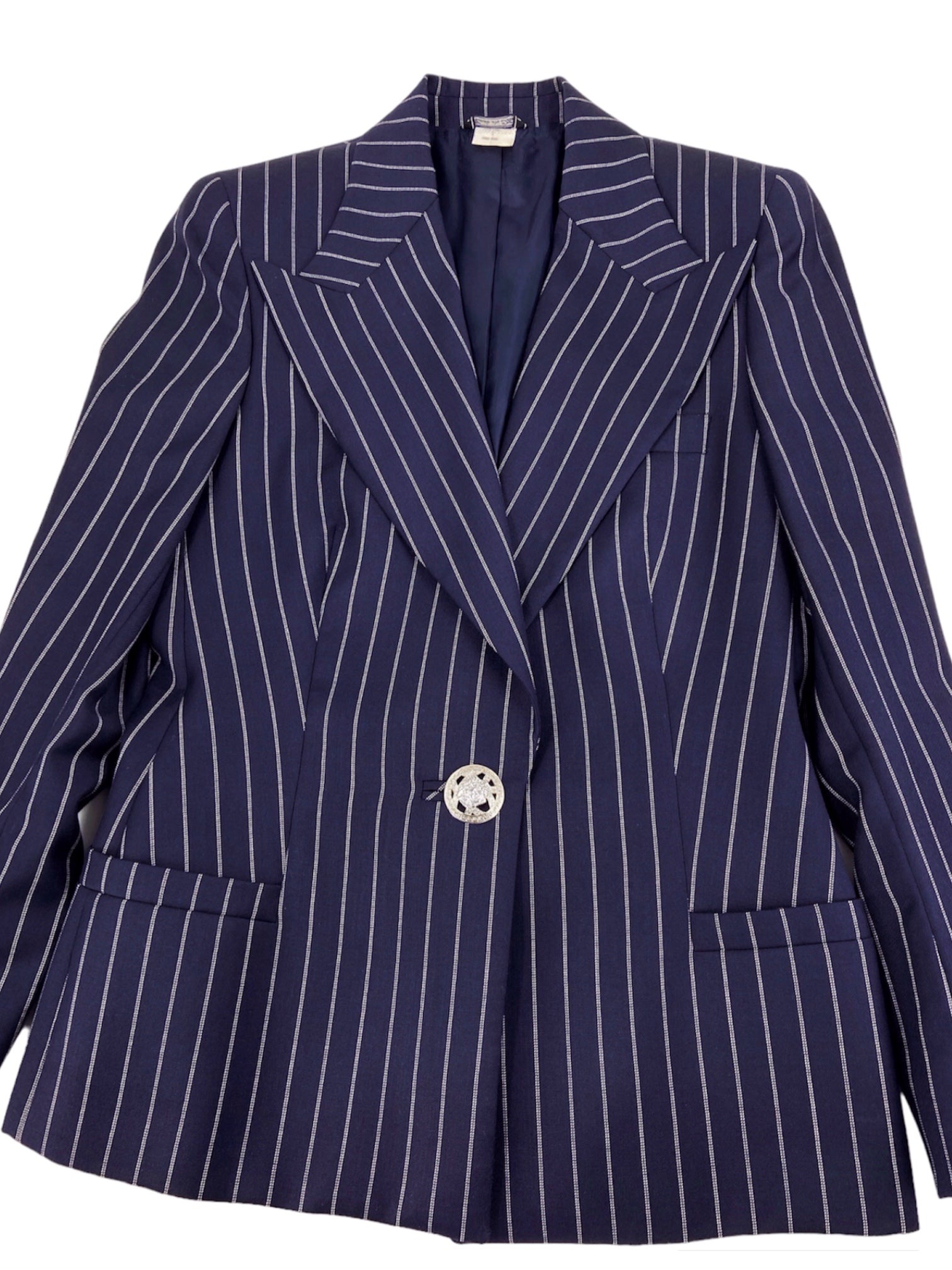 Gianni Versace Spring 1995 Navy Double Pinstriped Wrap Skirt Suit 42 - 10