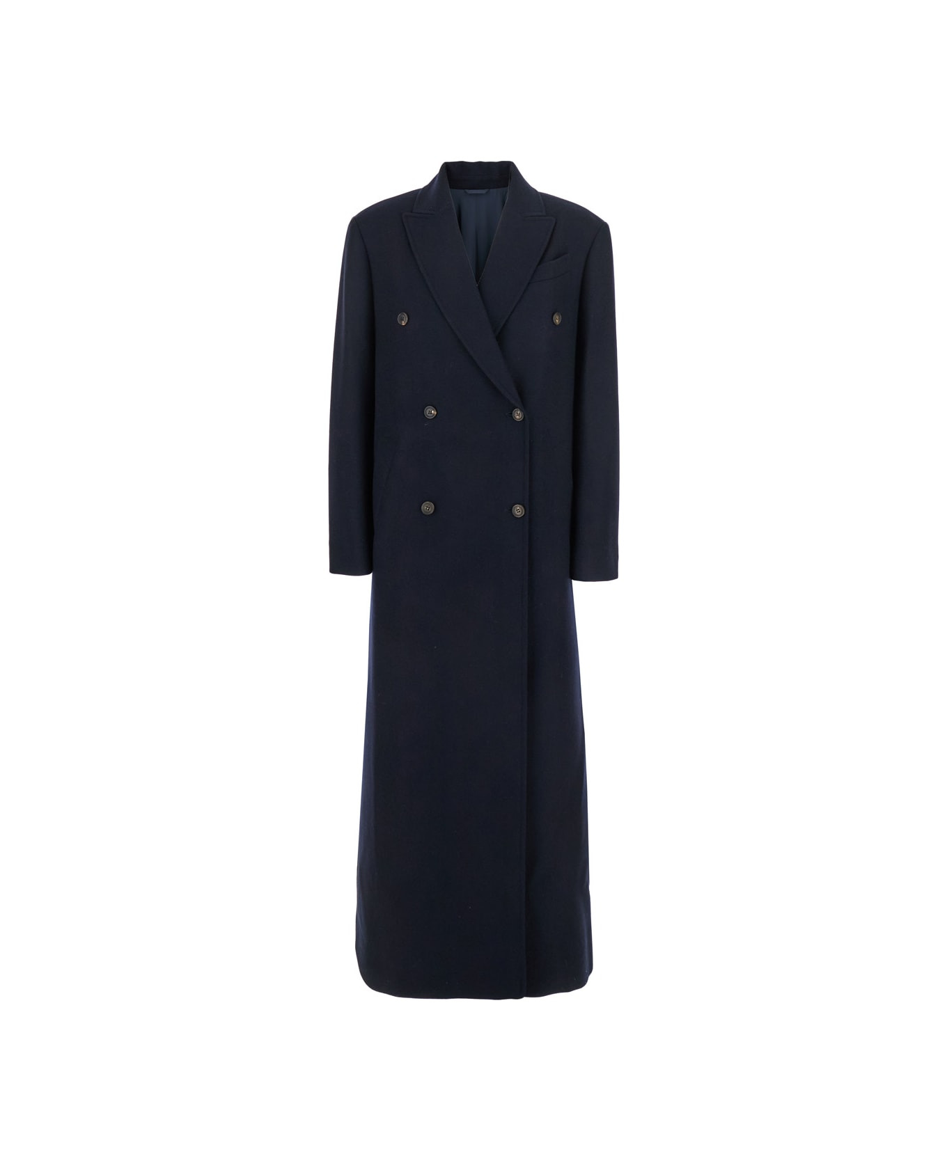 Blue Double-breasted Long Coat With Peak Revers In Wool Blend Woman - 1
