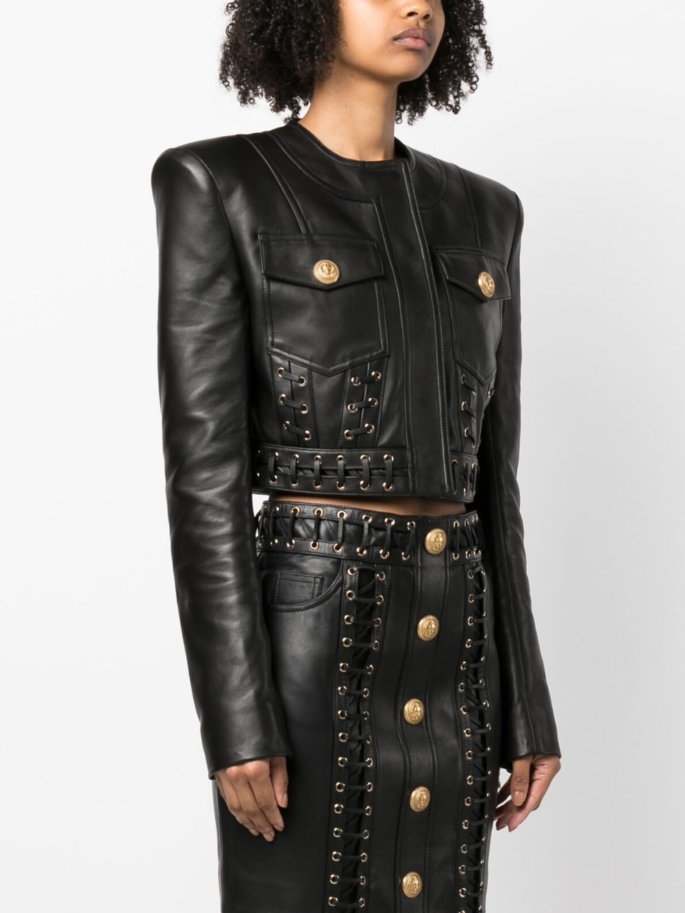 eyelet-embellished cropped leather jacket - 3