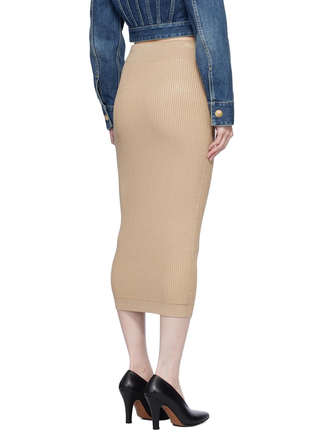 Beige Plain Ribbed Knit Midi Skirt - 3