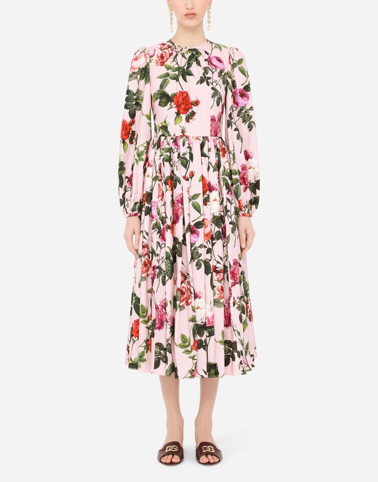 Rose-print poplin calf-length dress - 1