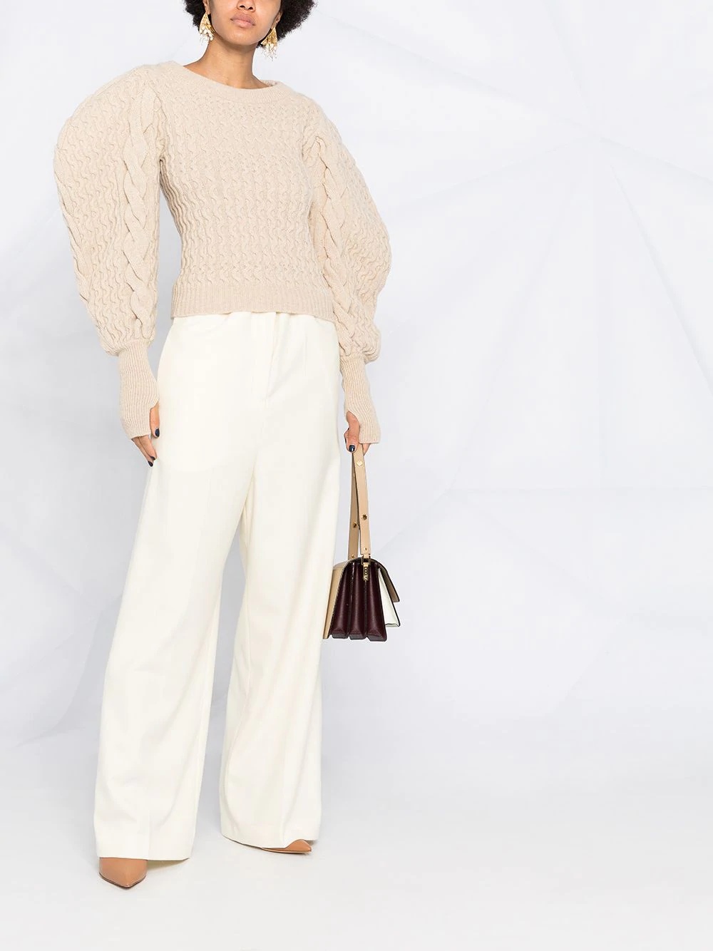 puff-sleeve cable knit jumper - 2