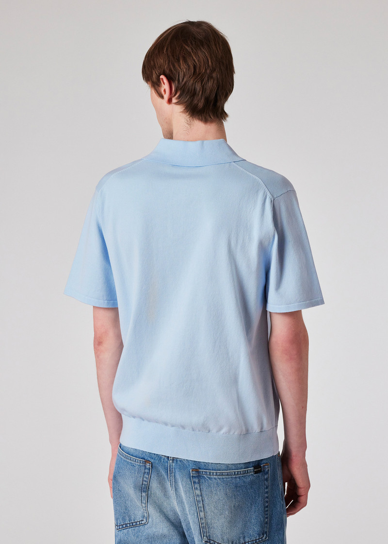 Pale Blue Organic Cotton 'Signature Stripe' Knitted Polo Shirt 4