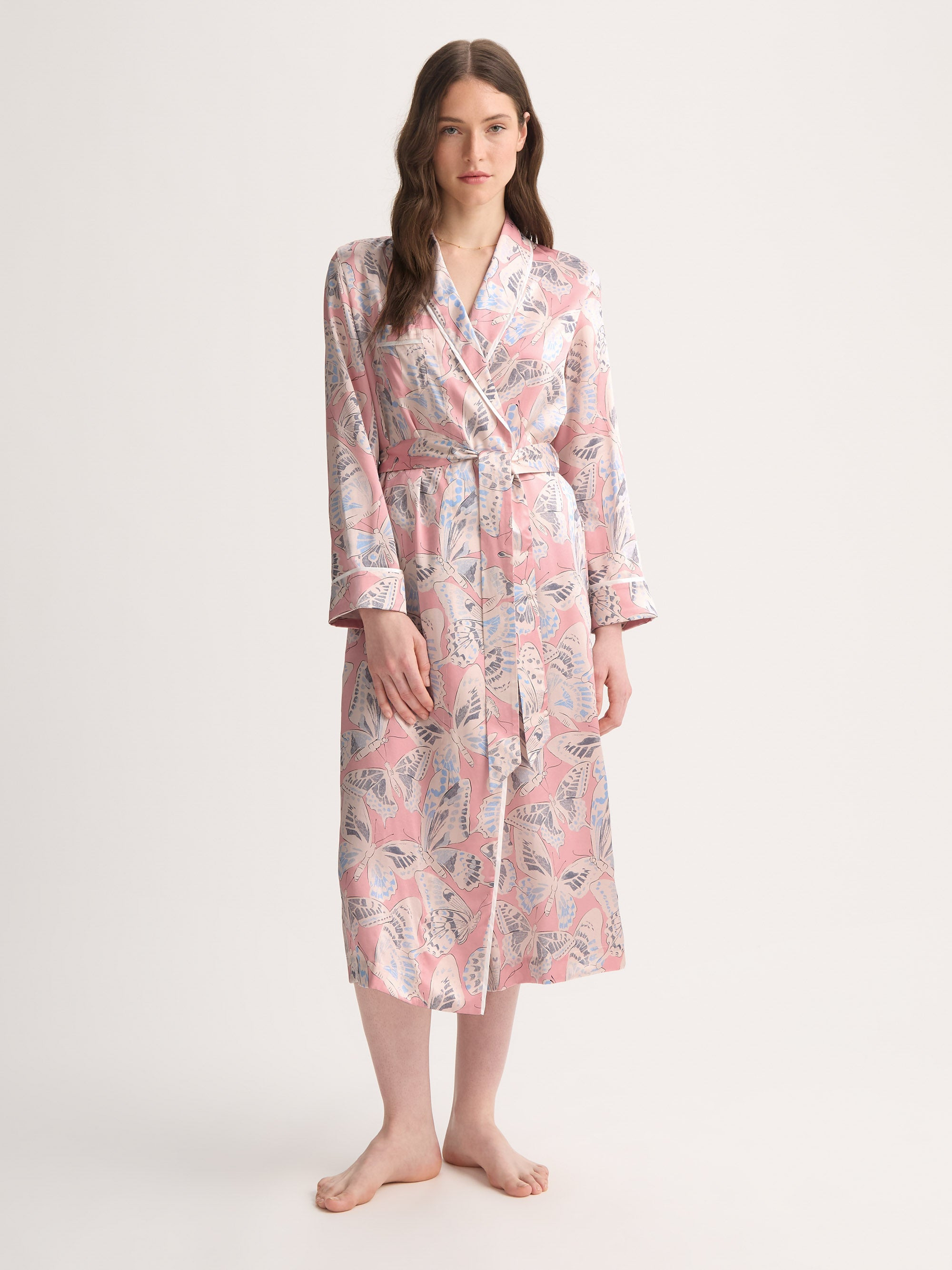 Women's Long Robe Silk Pink Multicolor Butterfly - 2