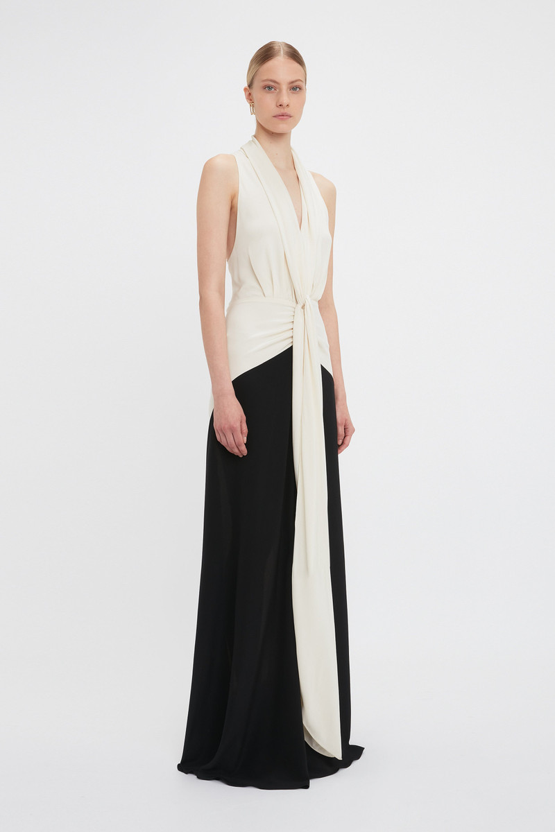 Exclusive Sleeveless Tie Detail Gown In Ivory-Black 3