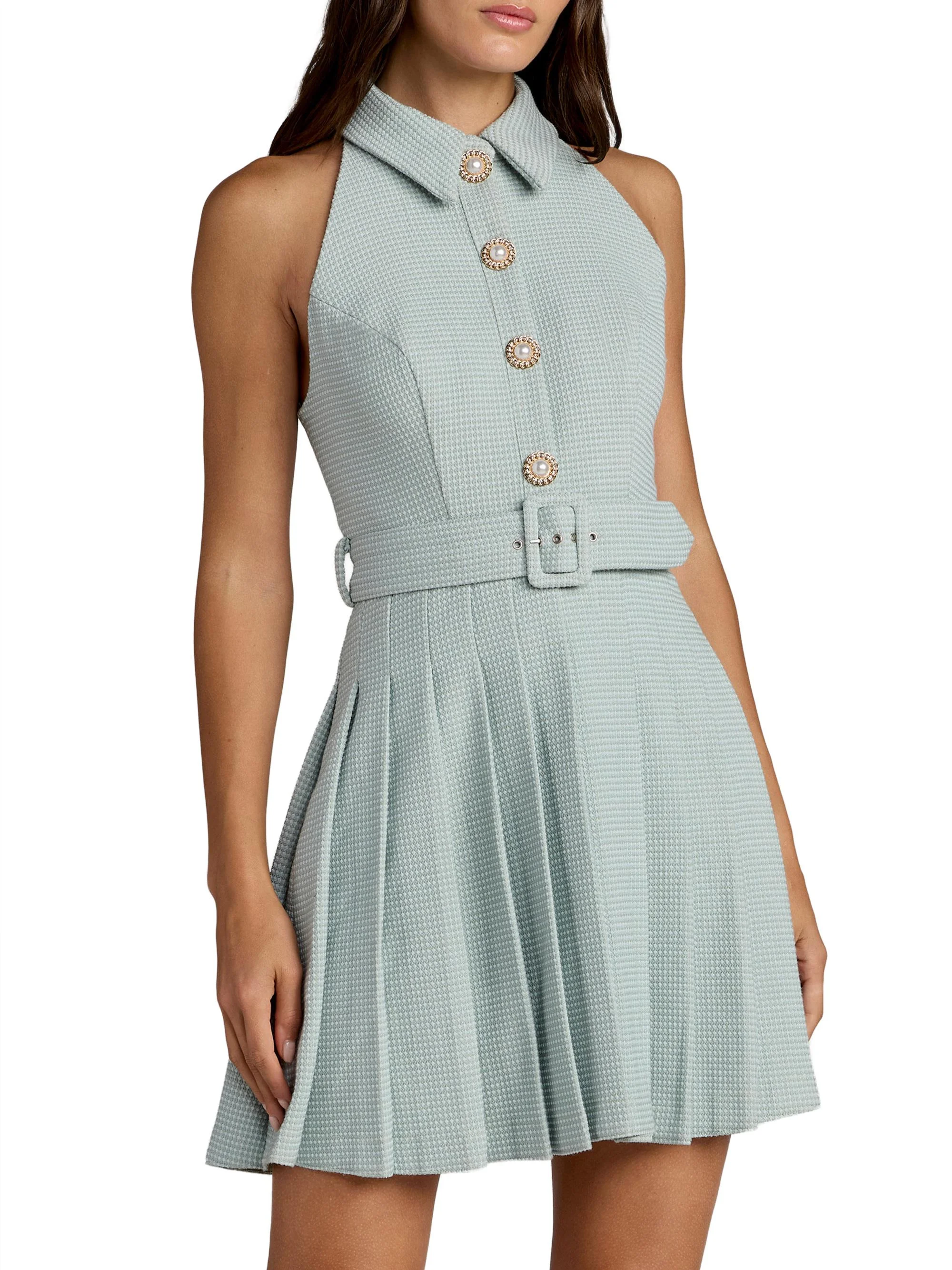 Women's Bouclé Pleated Button-Front Minidress - Sage - 1