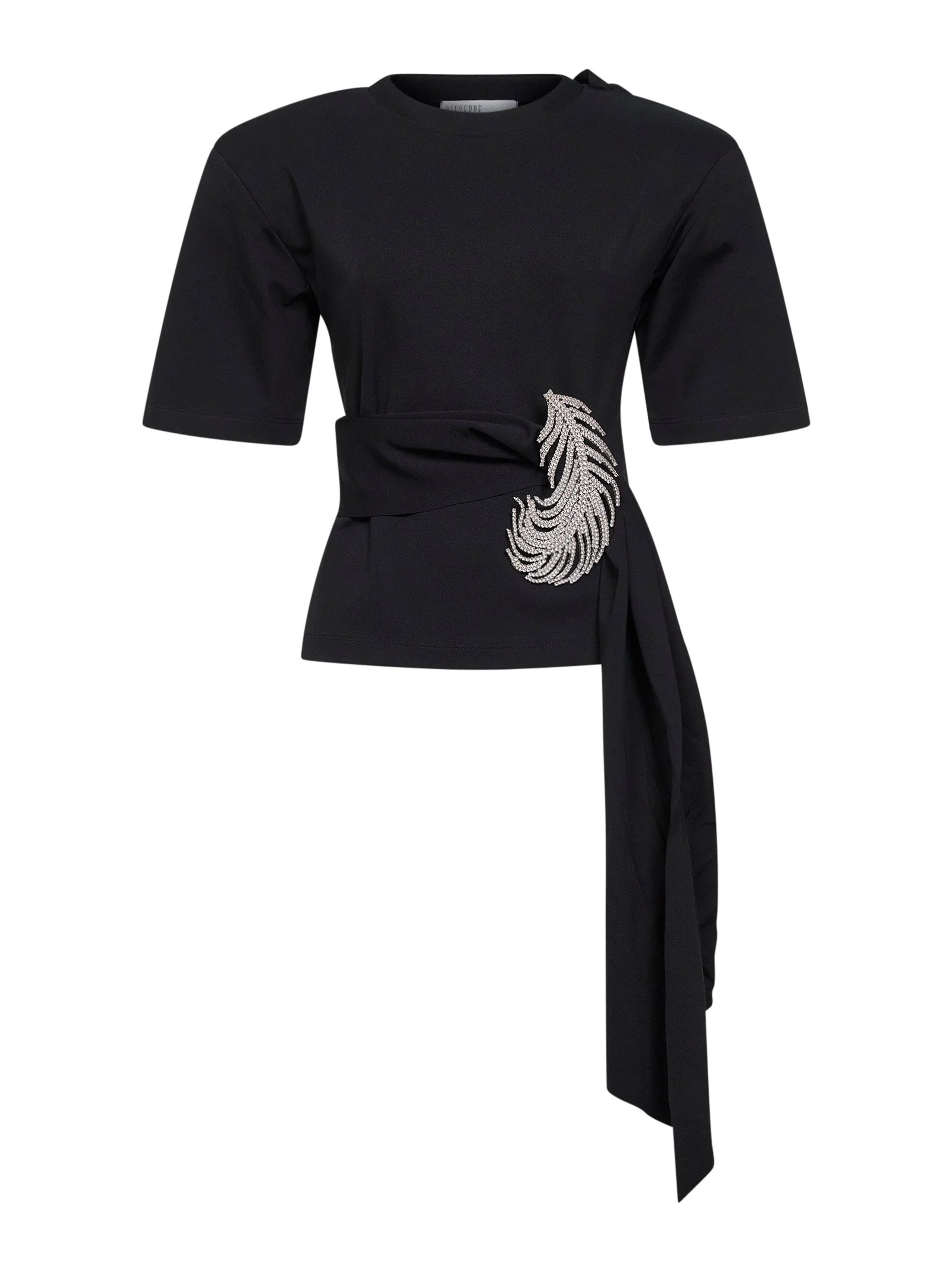 Black stretch jersey T-shirt with crystal feather - 1