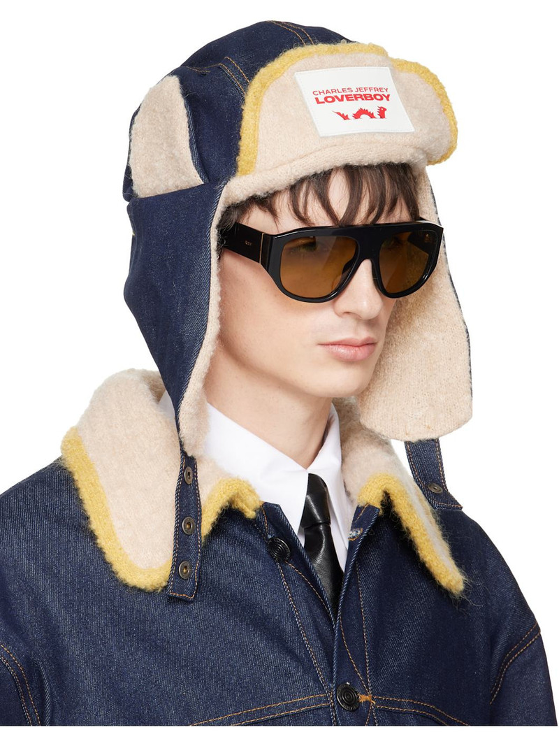 CHARLES JEFFREY LOVERBOY Navy & Beige Knit Patch Trapper Hat outlook