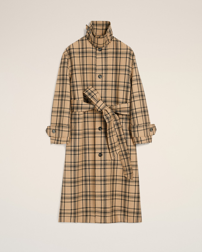 BROWN WOOL CHECKED BELTED MAC 1