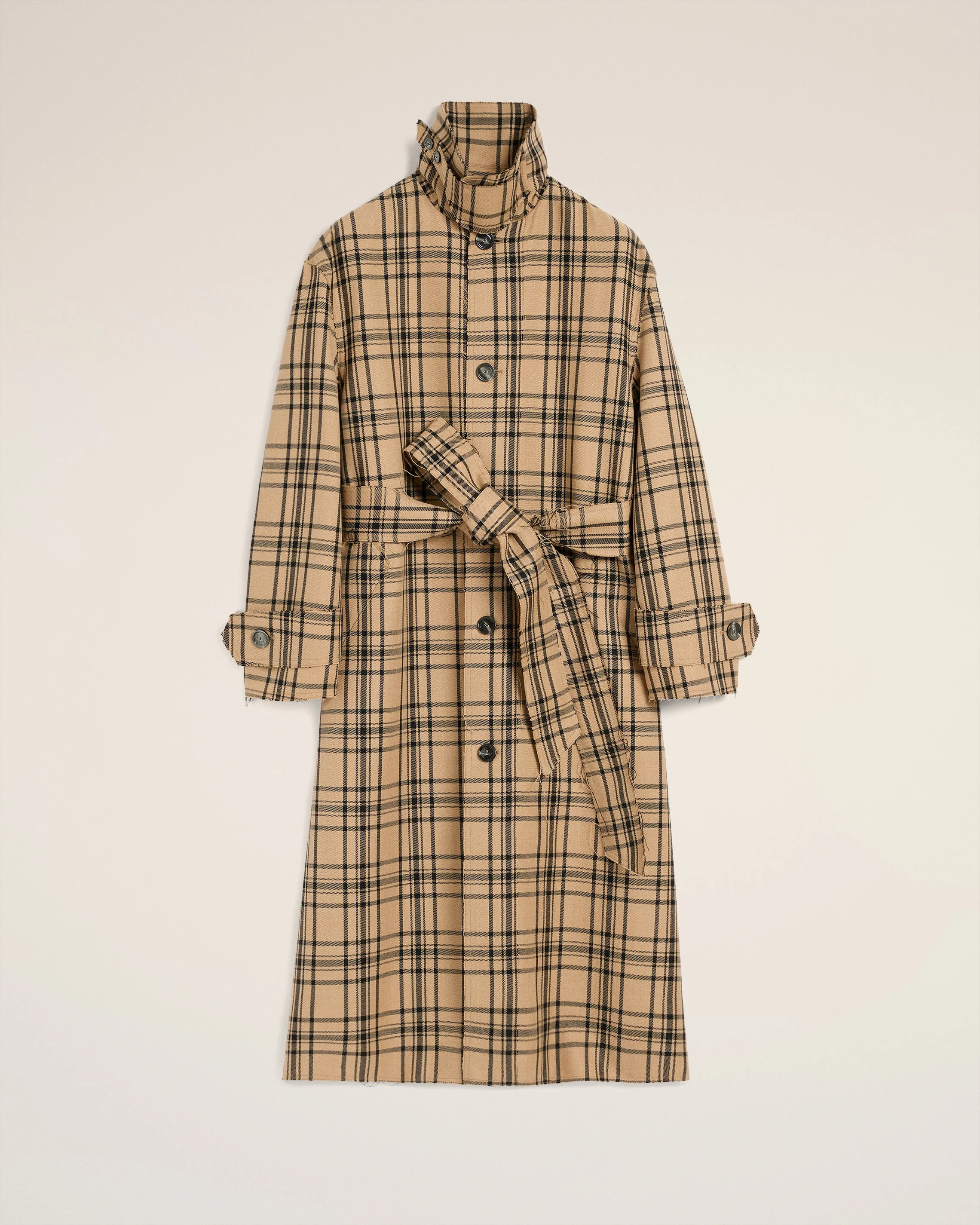 BROWN WOOL CHECKED BELTED MAC - 1
