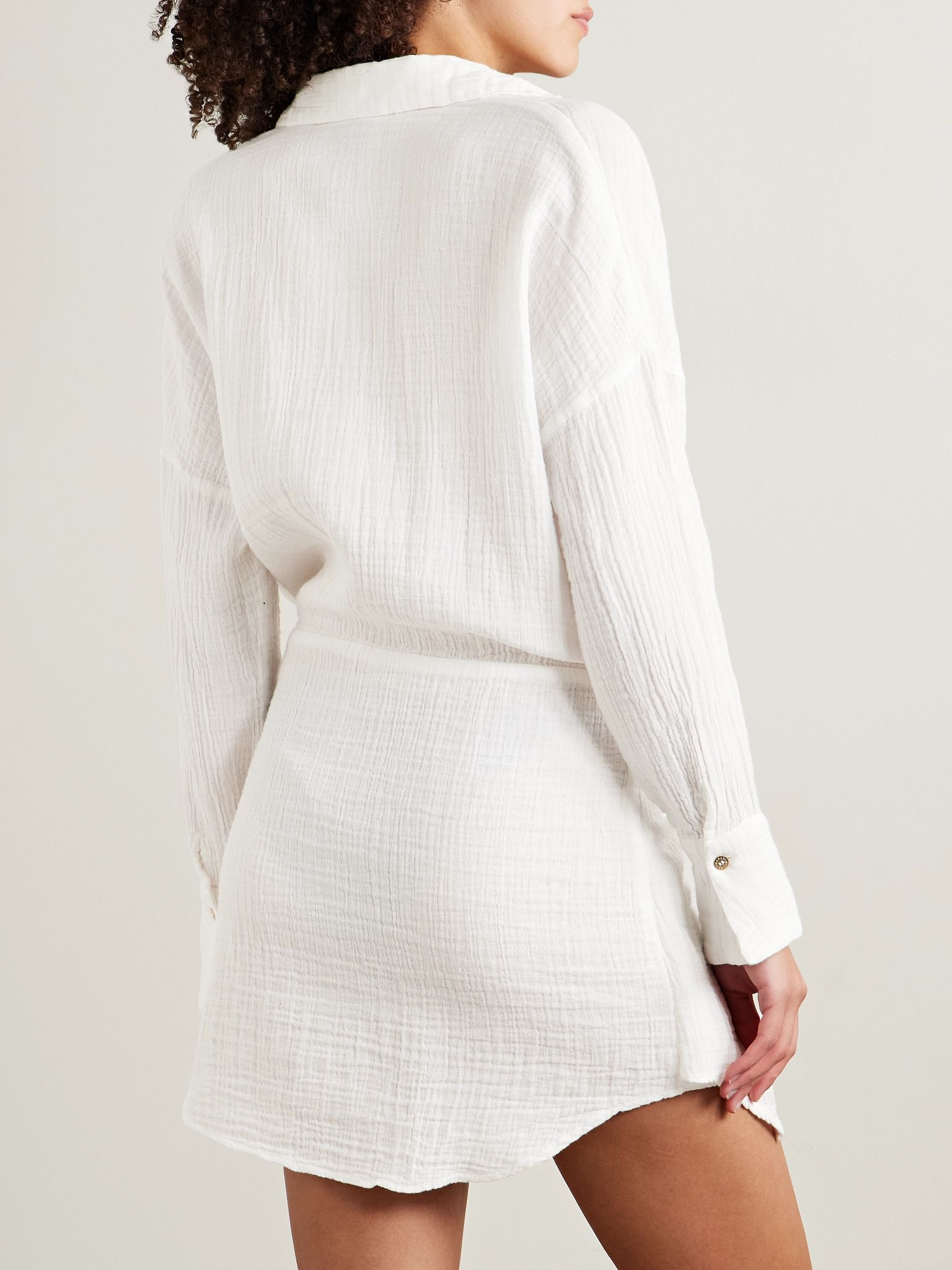 Sara tie-front crinkled cotton-gauze mini shirt dress White - 3