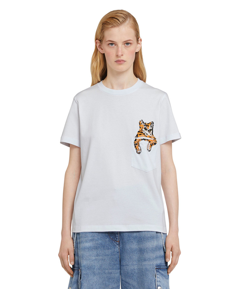 MSGM Cotton crewneck t-shirt with "Cat on pocket" print outlook