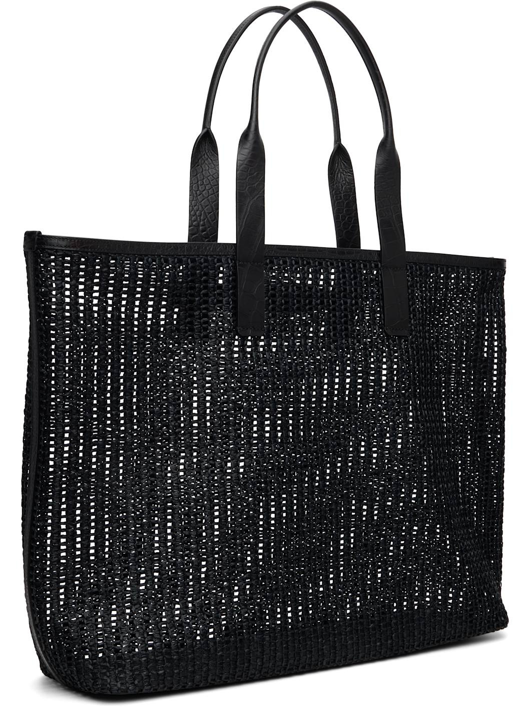 Black Woven Mesh & Calfskin Shopper Tote - 3