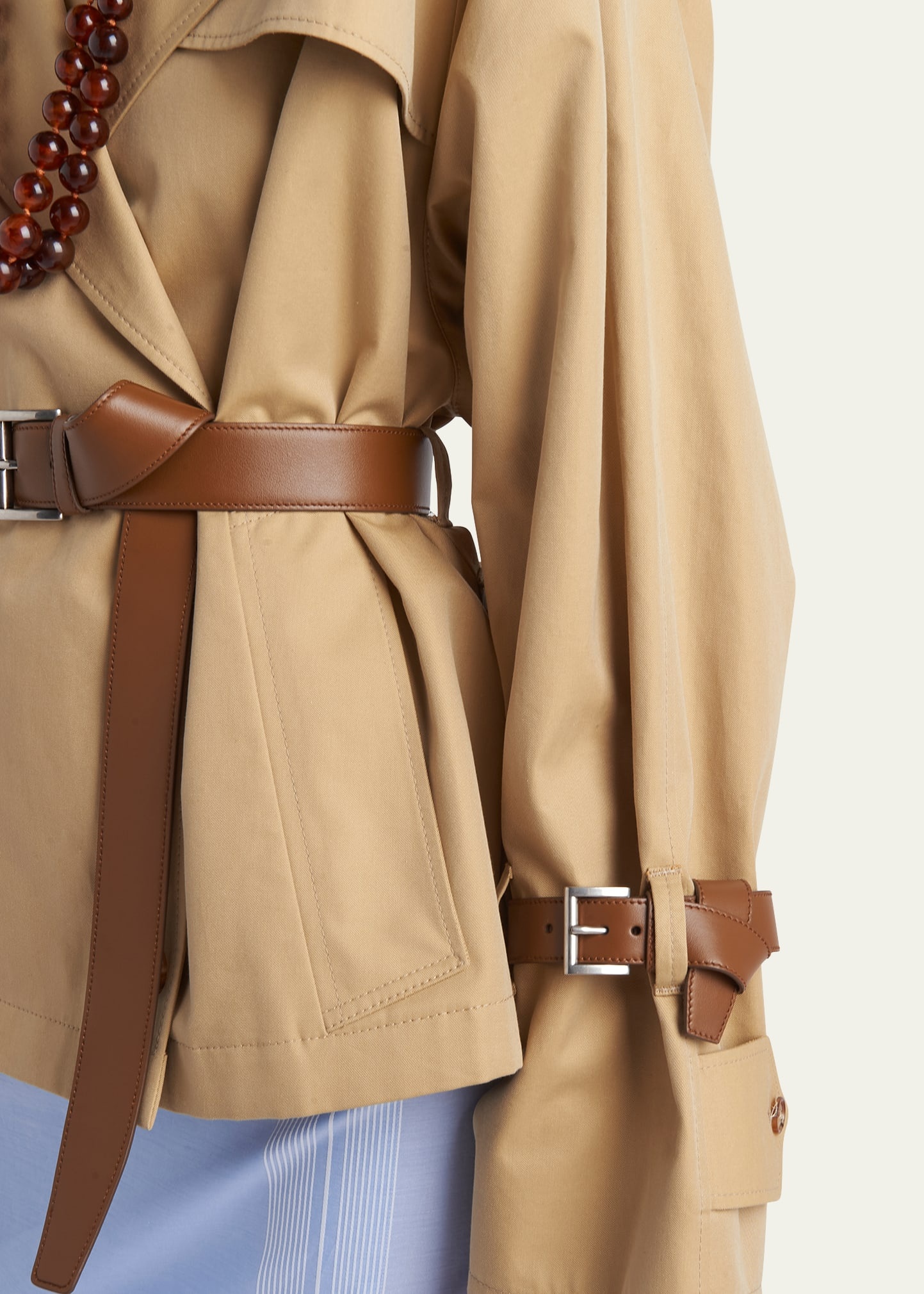 Short Leather Belted Twill Trench Jacket - 4