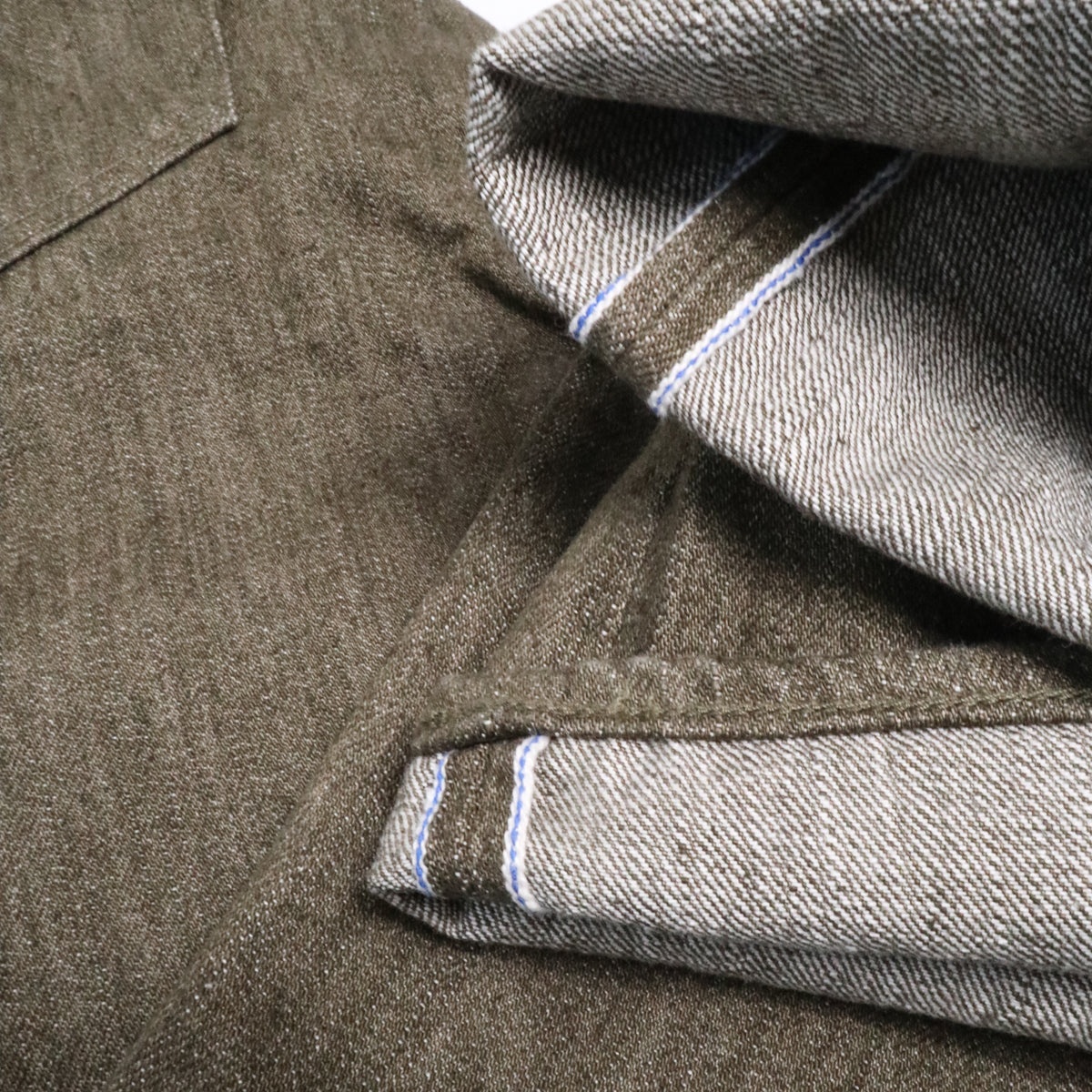 OL-14oz-019 14oz Selvedge Denim Relax Tapered Olive x White - 3