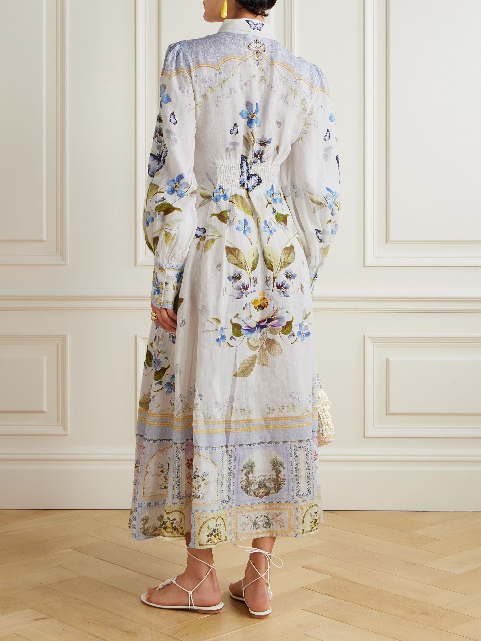 Belted embellished floral-print linen midi shirt dress White - 3