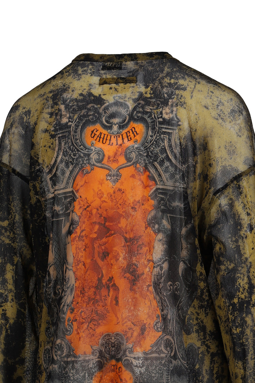 MESH OVERSIZED CREW NECK TOP PRINTED "MEDAILLON" / BLK/KHA/ORG - 9