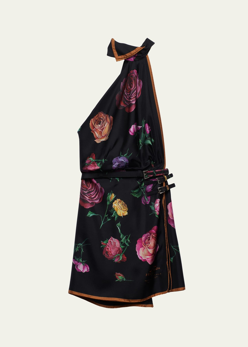 Silk Twill Floral-Print Backless Halter Mini Dress - 1