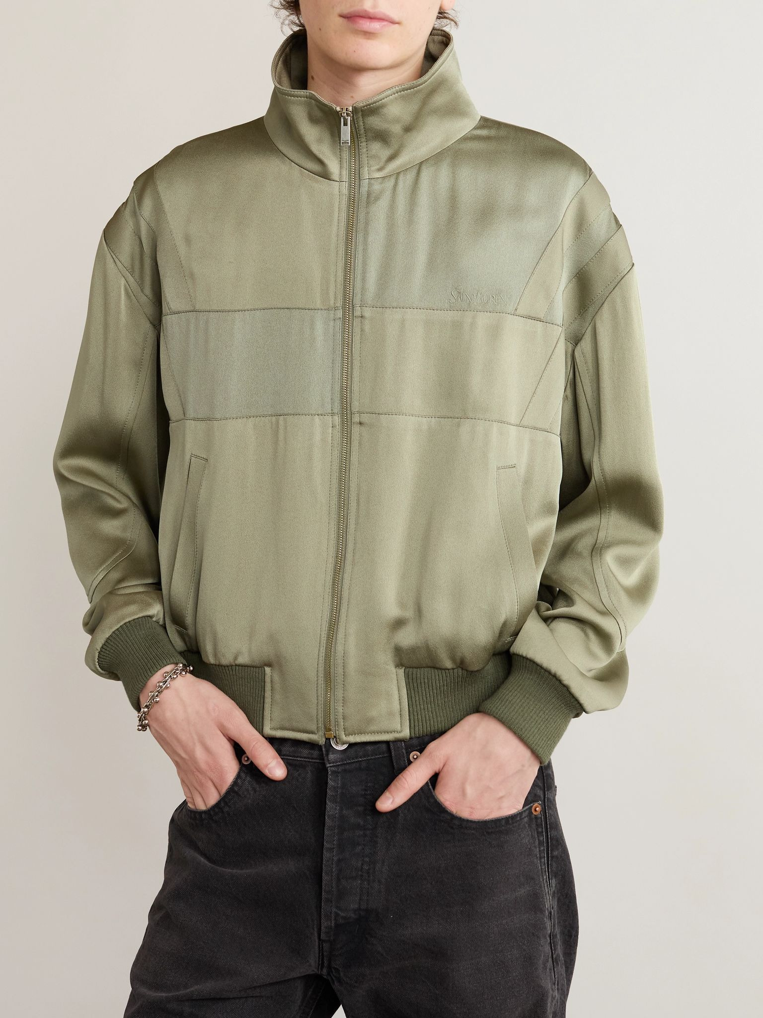 Logo-Embroidered Wool-Trimmed Satin Bomber Jacket Green - 3