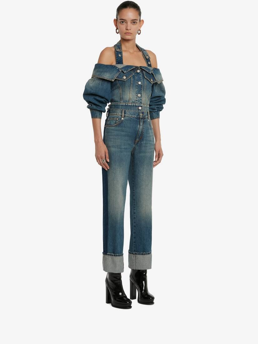Women's Off-the-shoulder Denim Jacket in Washed Blue - 3