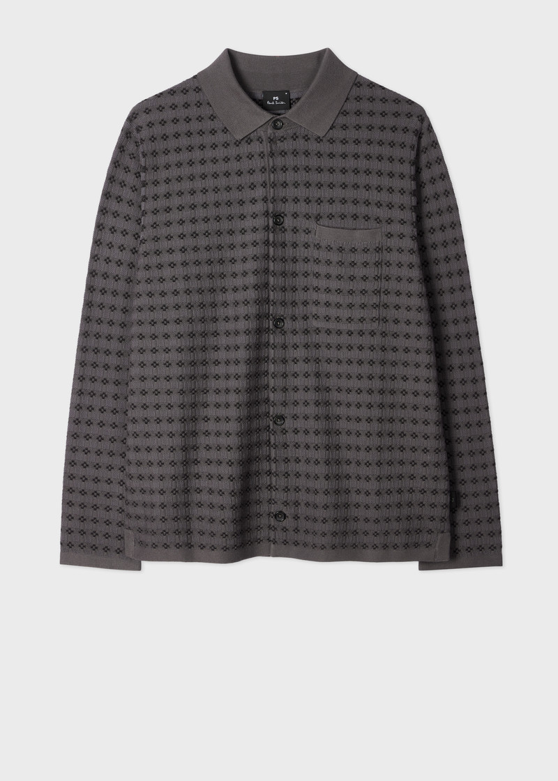 Grey 'Geo Tile' Knitted Cotton Collared Cardigan 1