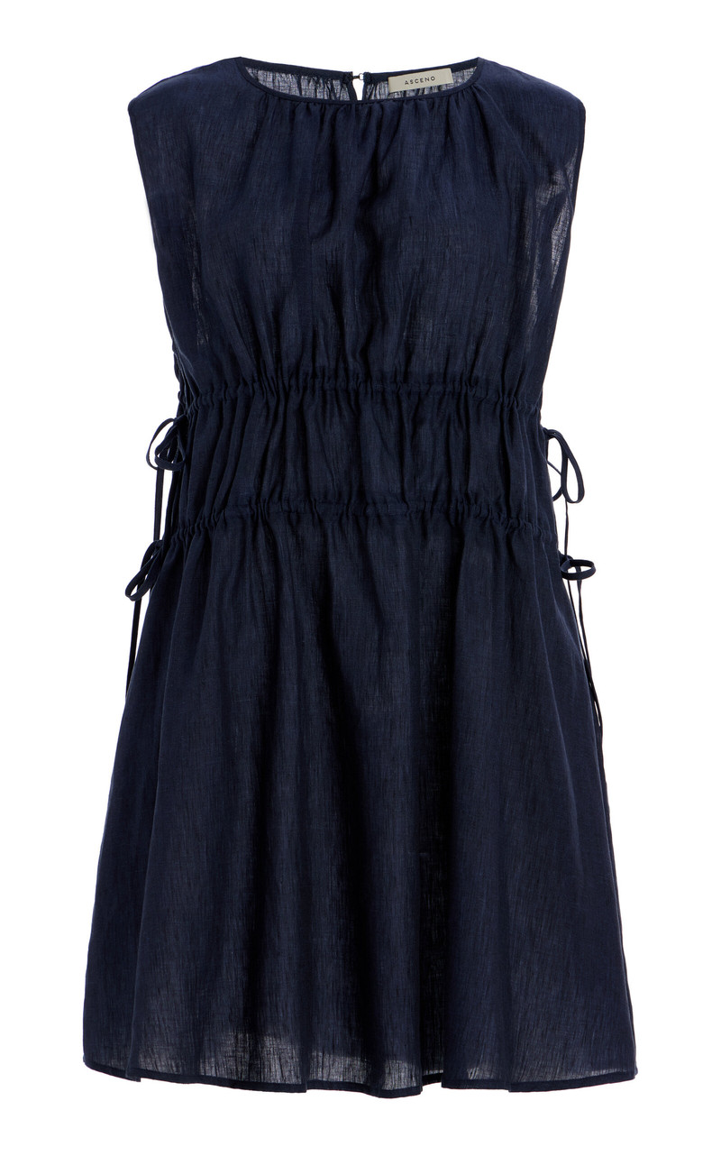 The Como Gathered Linen Mini Dress navy 1