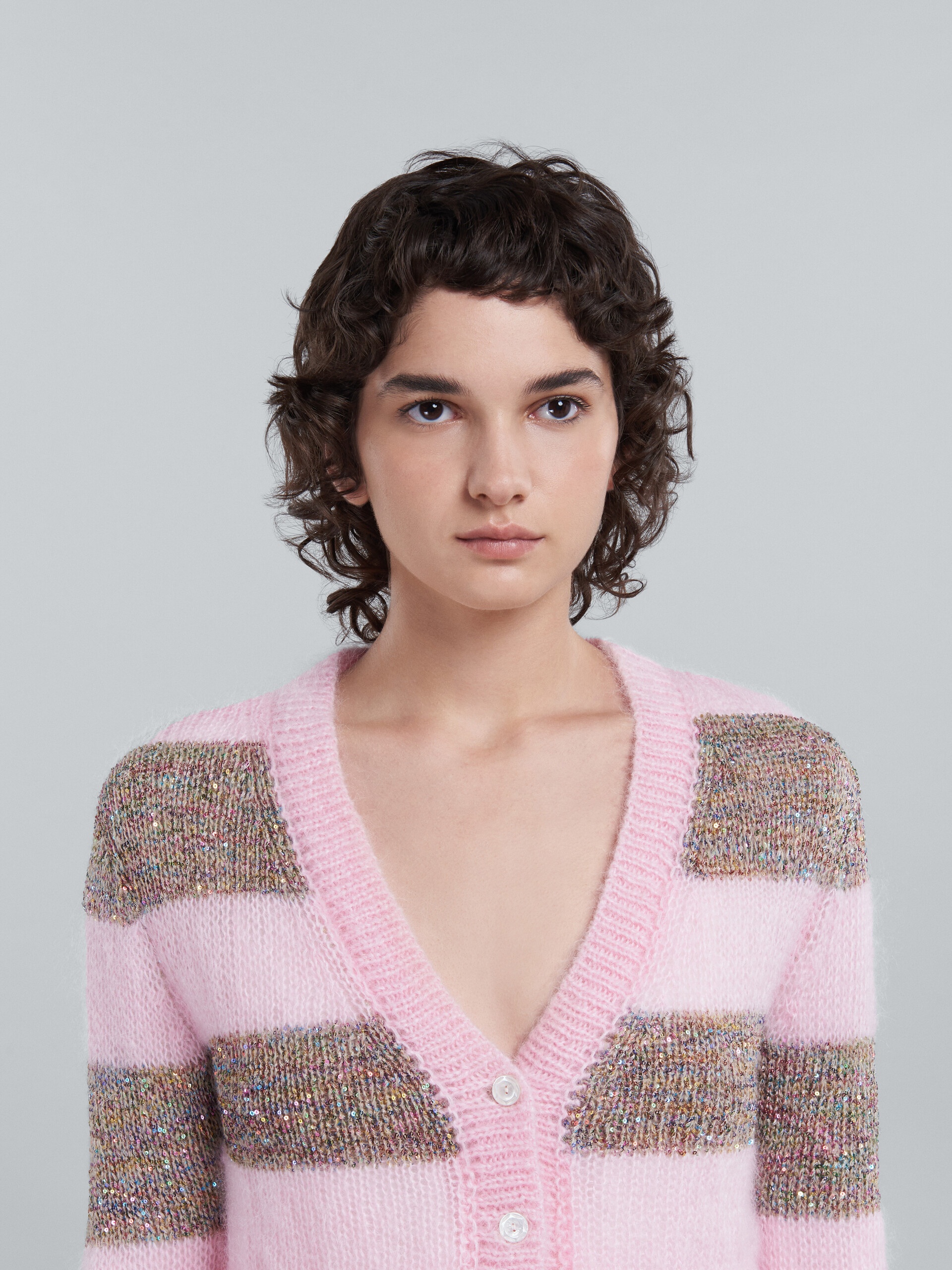 SHORT CARDIGAN IN PINK STRIPED MOHAIR AND WOOL - 4