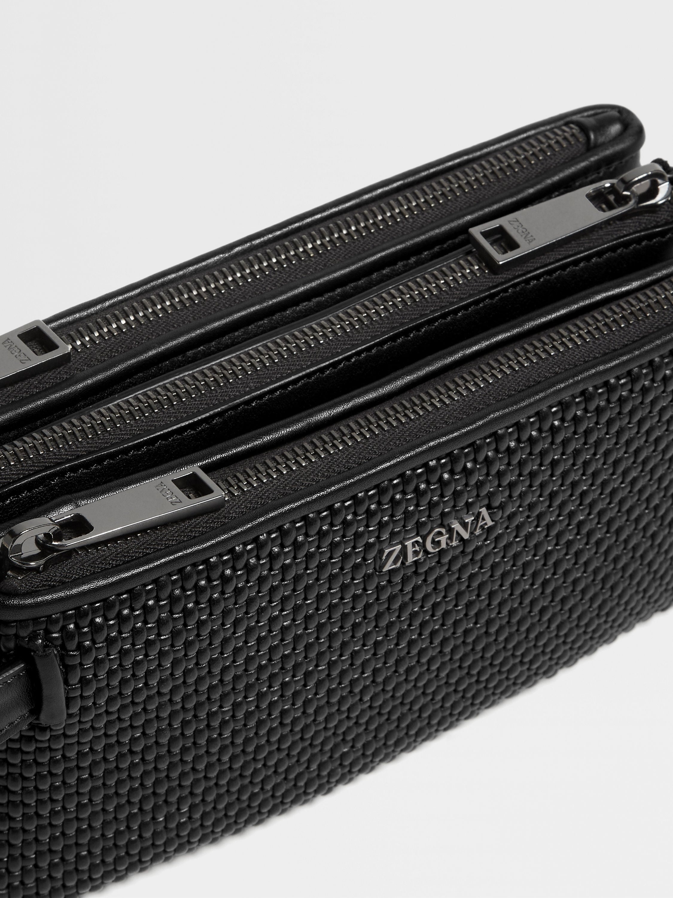 BLACK PELLETESSUTA™ LEATHER TRIPLE ZIP POUCH - 5