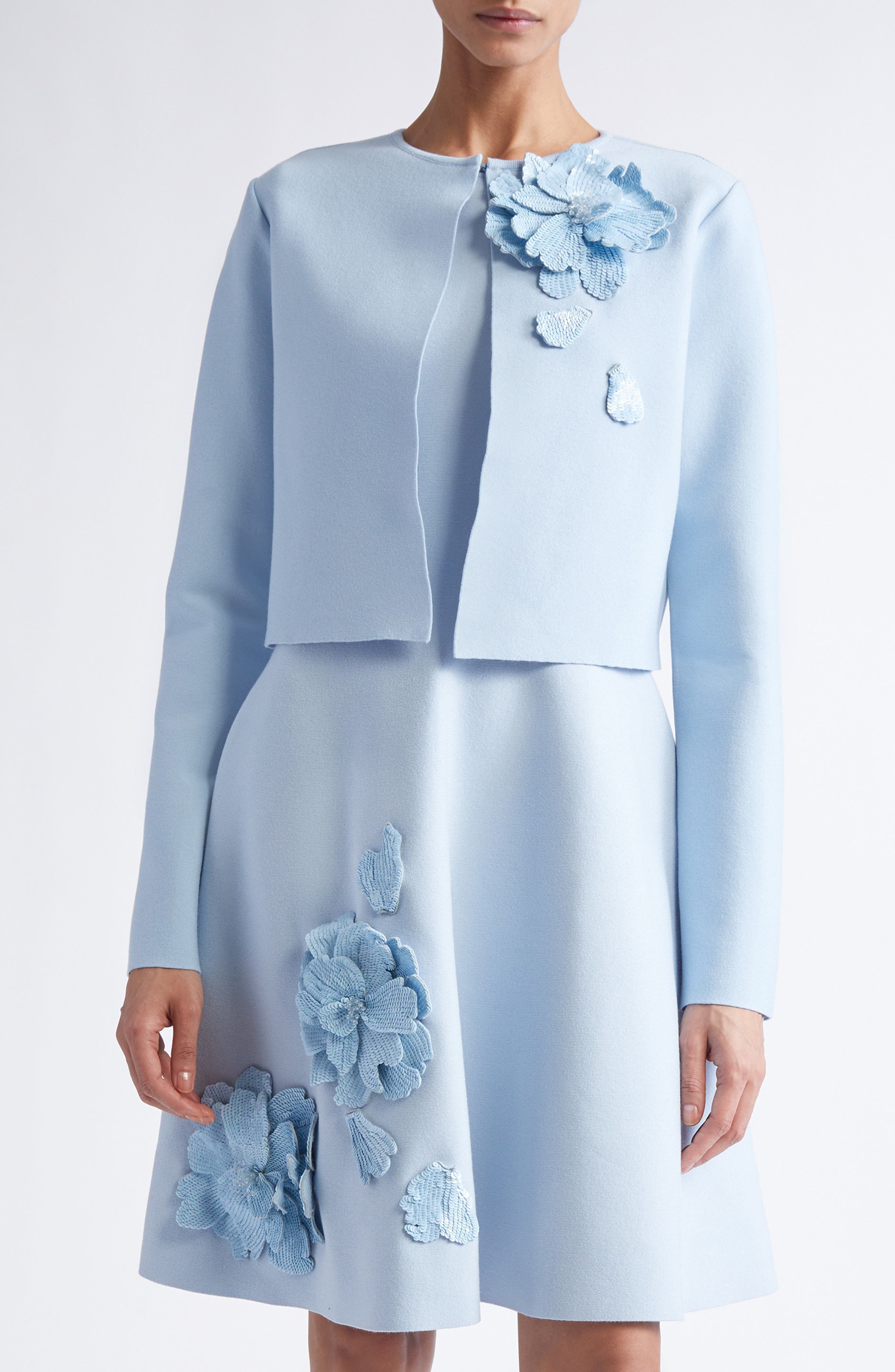 Oscar de la Renta Peony Appliqué Fitted Jacket in Light Blue at Nordstrom - 1