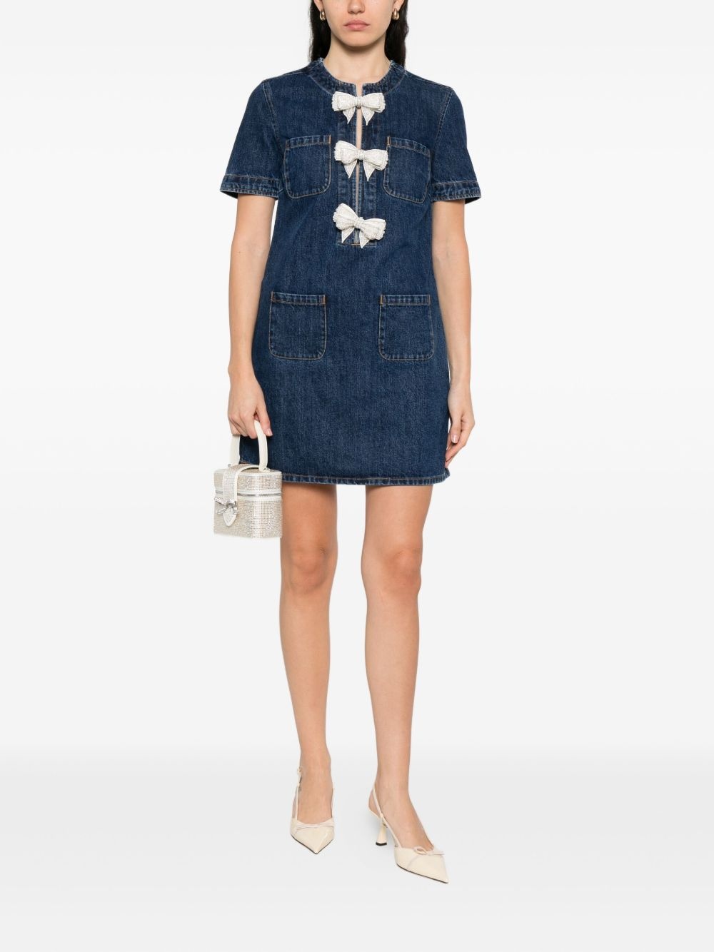 bow-embellished denim dress - 2