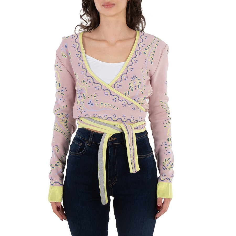 Y / Project Ladies Pink / Yellow Wrap Jacquard Cardigan - 3