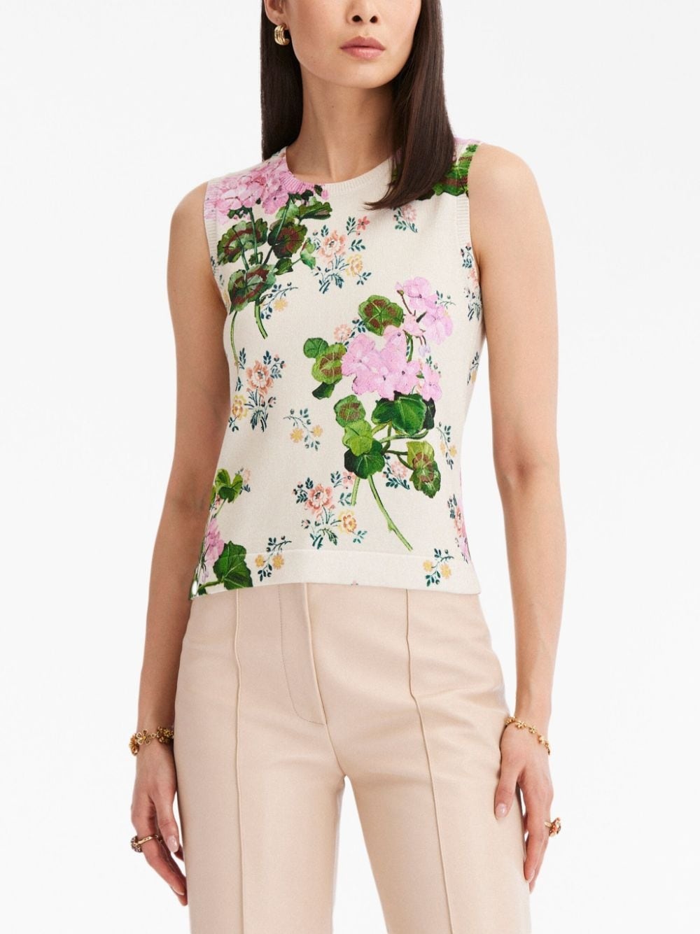 geranium-print sleeveless knitted top - 3