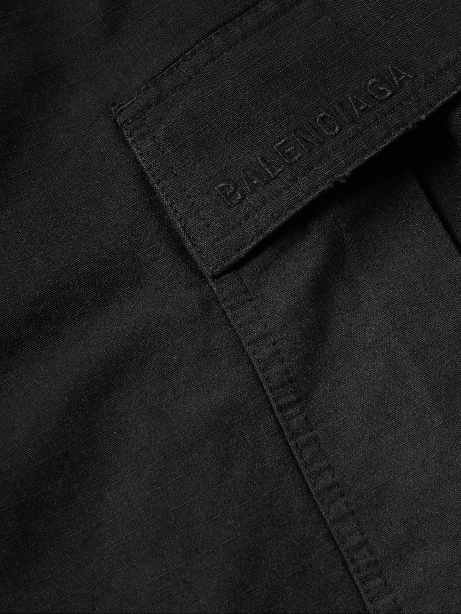 Wide-Leg Distressed Cotton-Ripstop Drawstring Cargo Shorts Black - 4