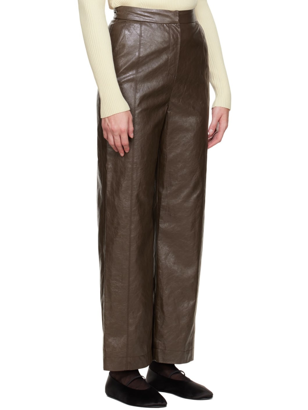 Brown Grained Faux-Leather Pants - 2